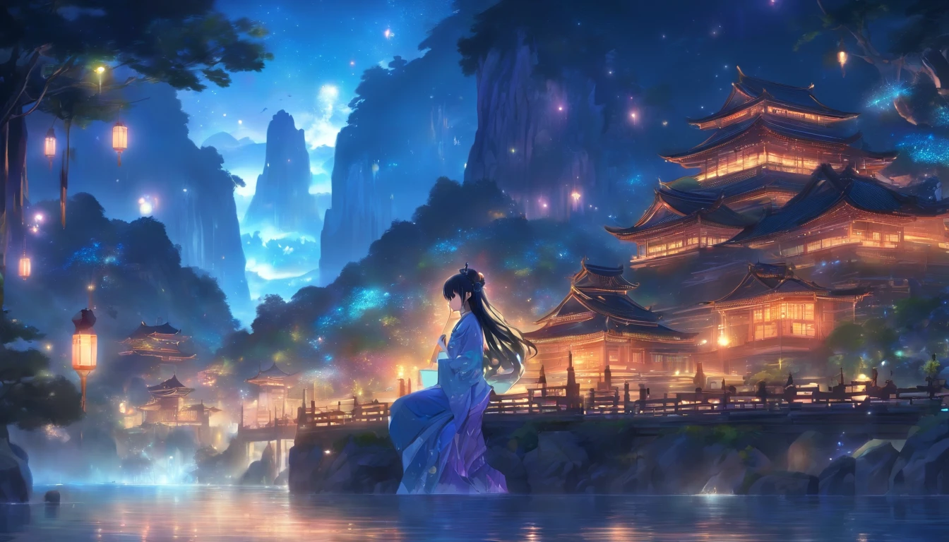 (Masterpiece, Best quality), 1girll(atenea_Asamiya Palace), Cute dress, Long black hair, Sitting, Beautiful outdoor background, Night, forest，highly detailed surreal vfx，China ink painting，water ink，ink，Smudge，China-style，中景 the scene is，super-fine，ultra - detailed，high qulity，8K ，Sharply focus the eyes，中景 the scene is，Full body like，oc rendered