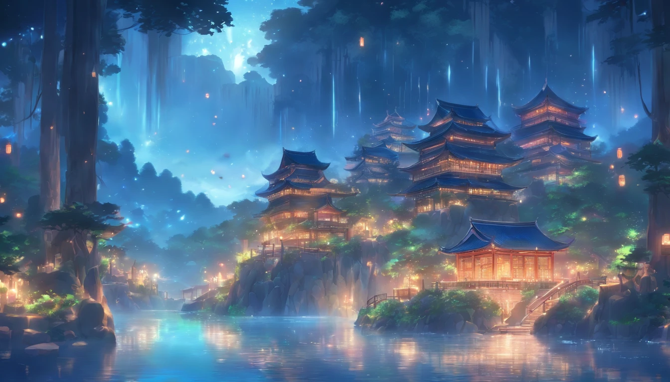 (Masterpiece, Best quality), 1girll(atenea_Asamiya Palace), Cute dress, Long black hair, Sitting, Beautiful outdoor background, Night, forest，highly detailed surreal vfx，China ink painting，water ink，ink，Smudge，China-style，中景 the scene is，super-fine，ultra - detailed，high qulity，8K ，Sharply focus the eyes，中景 the scene is，Full body like，oc rendered