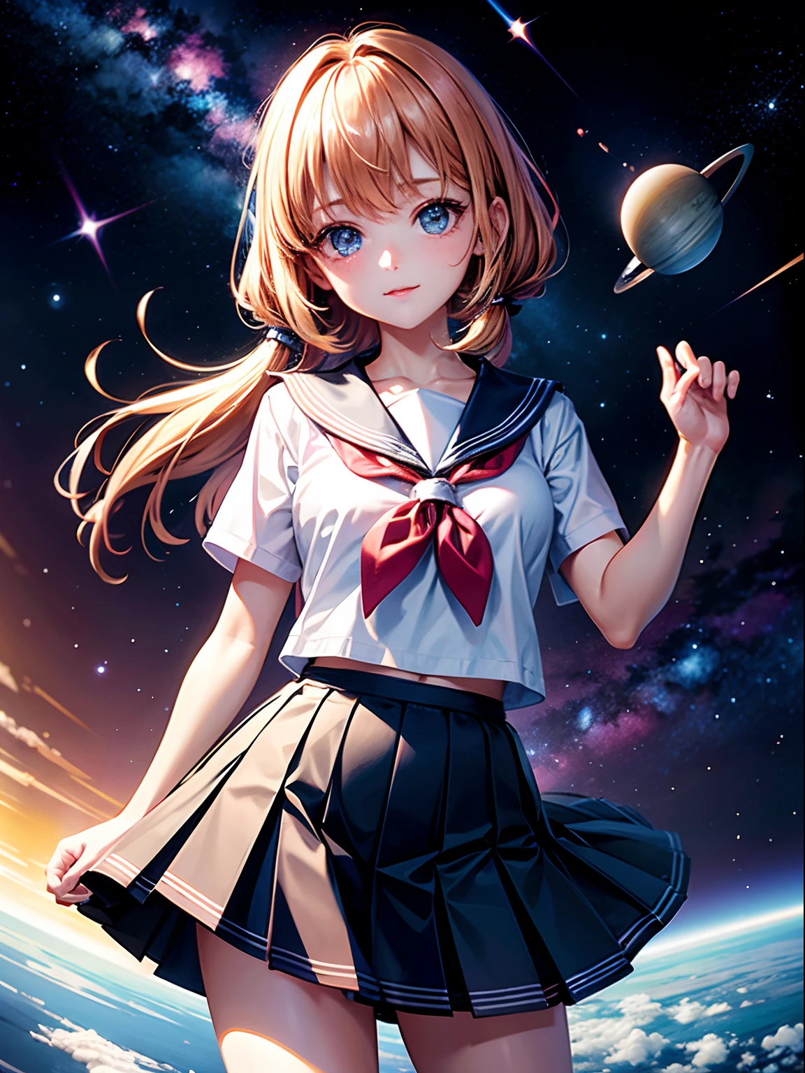 hight resolution, top-quality, ​masterpiece, ultra-quality, The ultra-detailliert,  lighting like a movie、hi-school girl、a sailor suit、cosmic space、space walk、Planktonic、macrocosm、