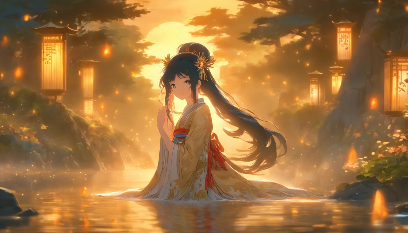 (Masterpiece, Best quality), 1girll(atenea_Asamiya Palace), Cute dress, Long black hair, Sitting, Beautiful outdoor background, Night, forest，highly detailed surreal vfx，China ink painting，water ink，ink，Smudge，China-style，中景 the scene is，super-fine，ultra - detailed，high qulity，8K ，Sharply focus the eyes，中景 the scene is，Full body like，oc rendered