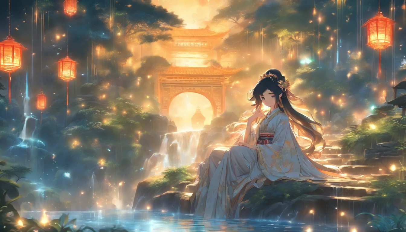 (Masterpiece, Best quality), 1girll(atenea_Asamiya Palace), Cute dress, Long black hair, Sitting, Beautiful outdoor background, Night, forest,highly detailed surreal vfx,China ink painting,water ink,ink,Smudge,China-style,中景 the scene is,super-fine,ultra - detailed,high qulity,8K ,Sharply focus the eyes,中景 the scene is,Full body like,oc rendered