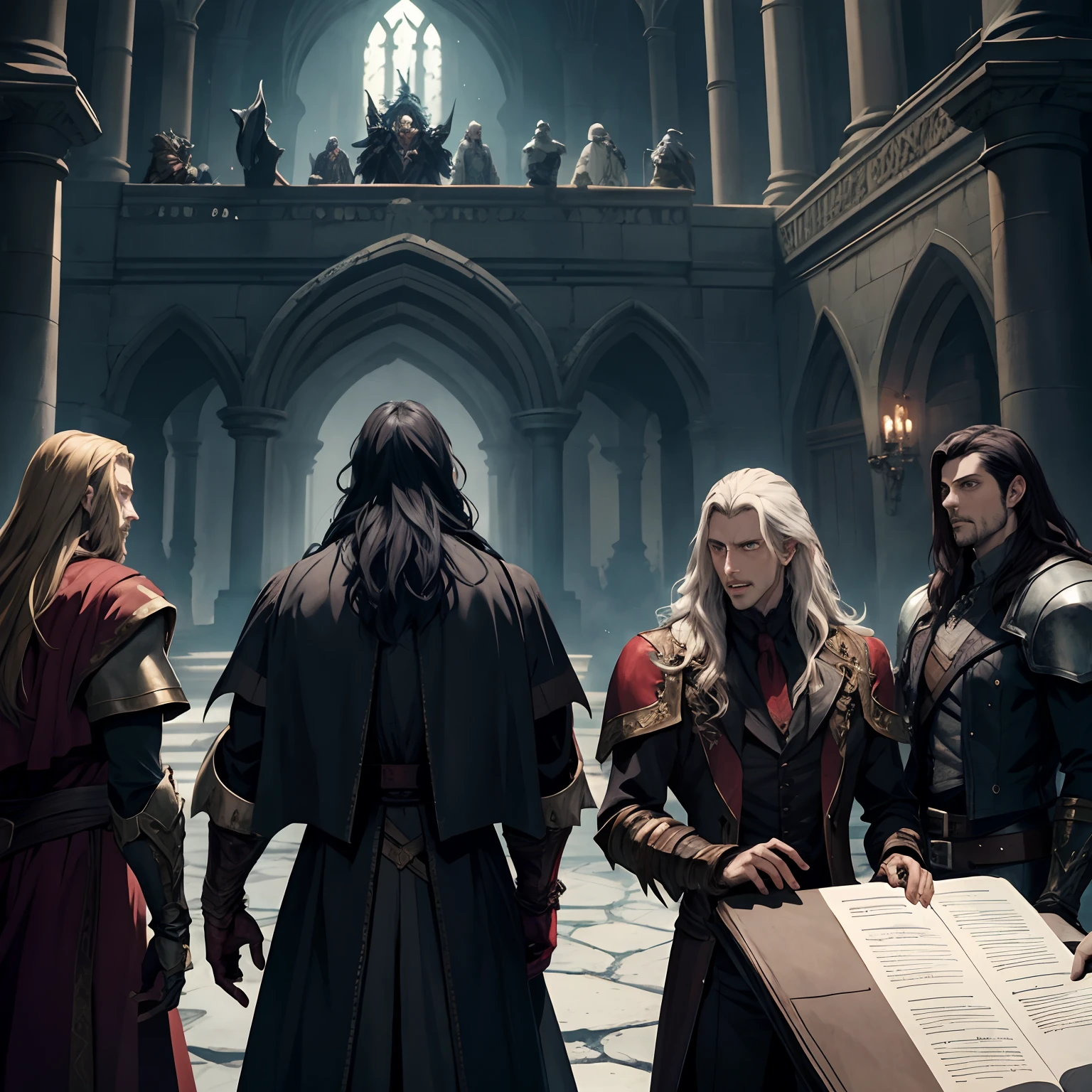 Castlevania Lord of the shadows hyper realistic super detailed Dynamic shot of groupe of lords discussion