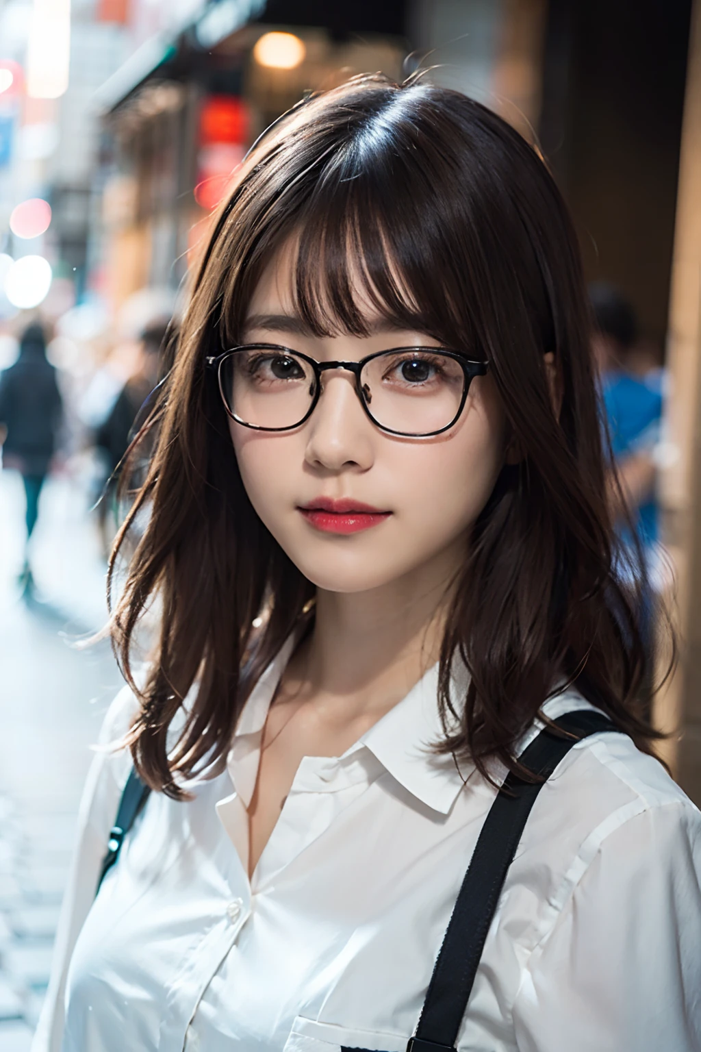 (8K、Raw photography、top-quality、​masterpiece:1.2)、(realisitic、Photorealsitic:1.37)、ultra-detailliert、超A high resolution、女の子1人、see the beholder、beautifull detailed face、A smile、Constriction、(Slim waist) :1.3)、Collar shirt、Beautiful detailed skin、Skin Texture、Floating hair、Professional Lighting、In the street、Square glasses with black rimming、Whole human body、Brown hair