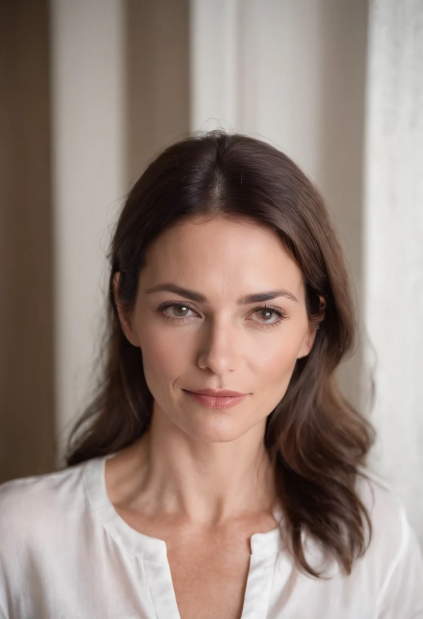 Beautiful 45-year-old brunette woman, with white shirt inside a room, vista lejana, camiseta blanca, vista lejana, streetwear casual, manga corta, mirando directamente a la foto
