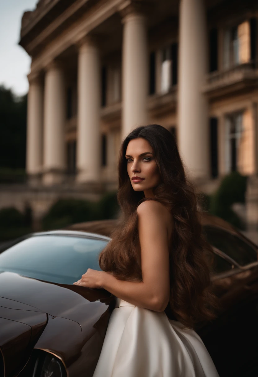corps entier, wide-angle photo close-up portrait of the body of a beautiful young woman , Grand et en forme, (40 ans:1.1), (shaven:1.2) , (very long brown hair:1.5),(very long hair:1.6). white tight dress, . (posing outside the mansion with a luxury car:1.1), crowded street with cafes in the distance, Cold and dark sunset at dusk, (Edge Light:1.1), (hard light on the skin:1.2), (ombres dures, dark themed, Contraste profond:1.1), (photographie de portrait par Annie Liebovitz), Dark mint theme and choral aesthetics, (skin imperfections), British, dark hair, old money esthetic, 25 years old, really beautiful woman, princess, Dior aesthetic