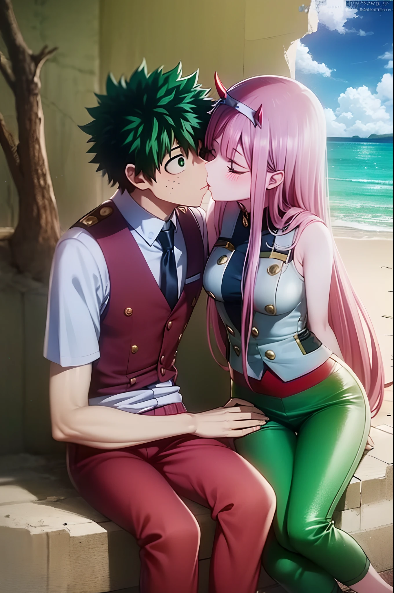 zero two, 1girl, zero two naked_shirt,vest_print:, izuku from bnha, izuku and zero two being a lovey dovey couple very affective in a beach, izuku with pants and pullover, love , happy, ,1girl,, ,sitting, standing, french kiss, kissing, 1boy, couple, husband and wife