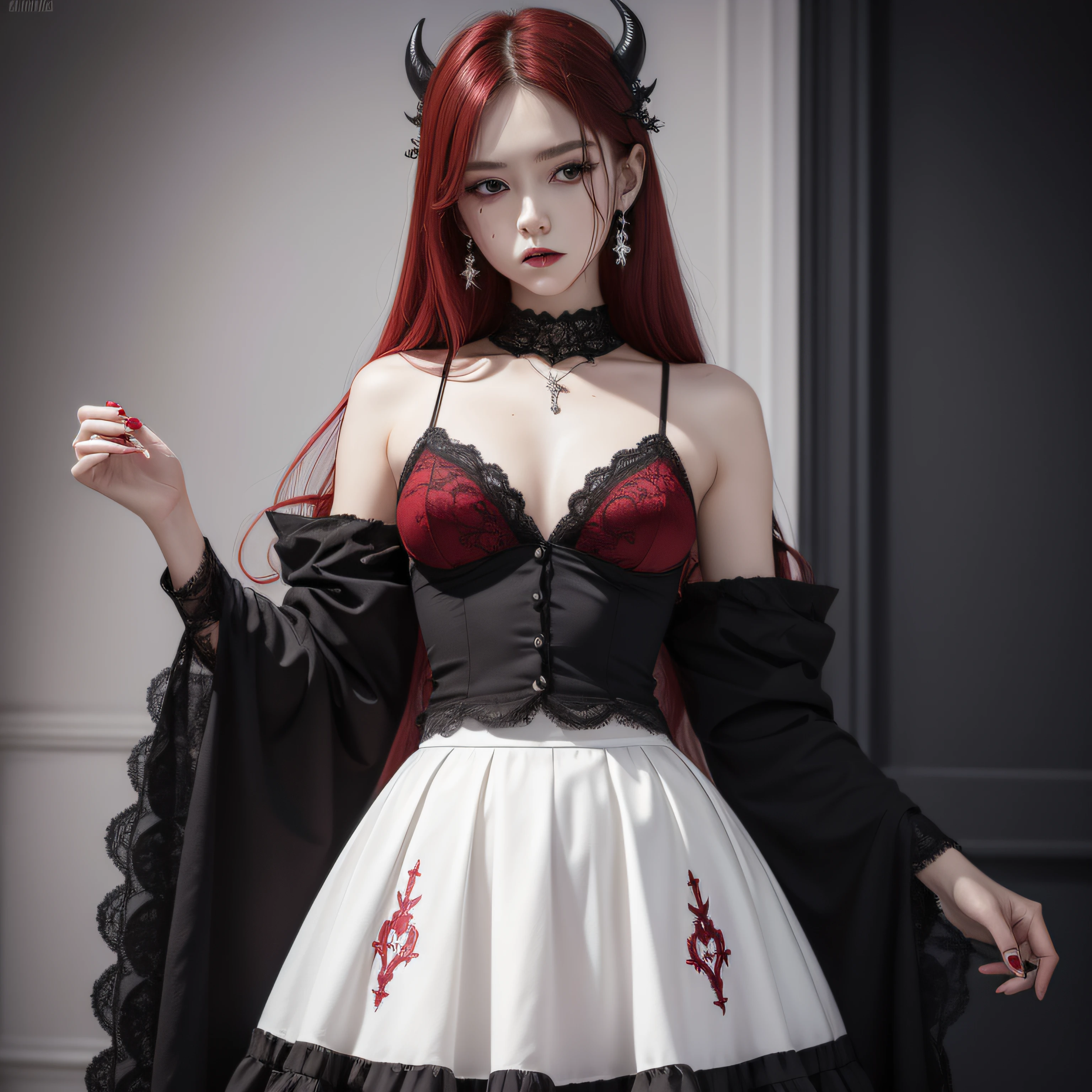 ((Masterpiece: 1.4, Best Quality))+,(Ultra Detail)+, Official Art, Unity 8k Wallpaper, Ultra Detailed, Beautiful, High Quality, Beautiful, Masterpiece, Best Quality, (Flat Chest), Full Body, Standing Painting, White Background, Red Straight Hair, Gloomy Eyes, Black Little Snake, White Theme, Red Jewelry, Studs, Black Lace Flats, Asymmetrical Skirt, Blood Stains on Skirt, Devil, Skeleton, Lots of Lace