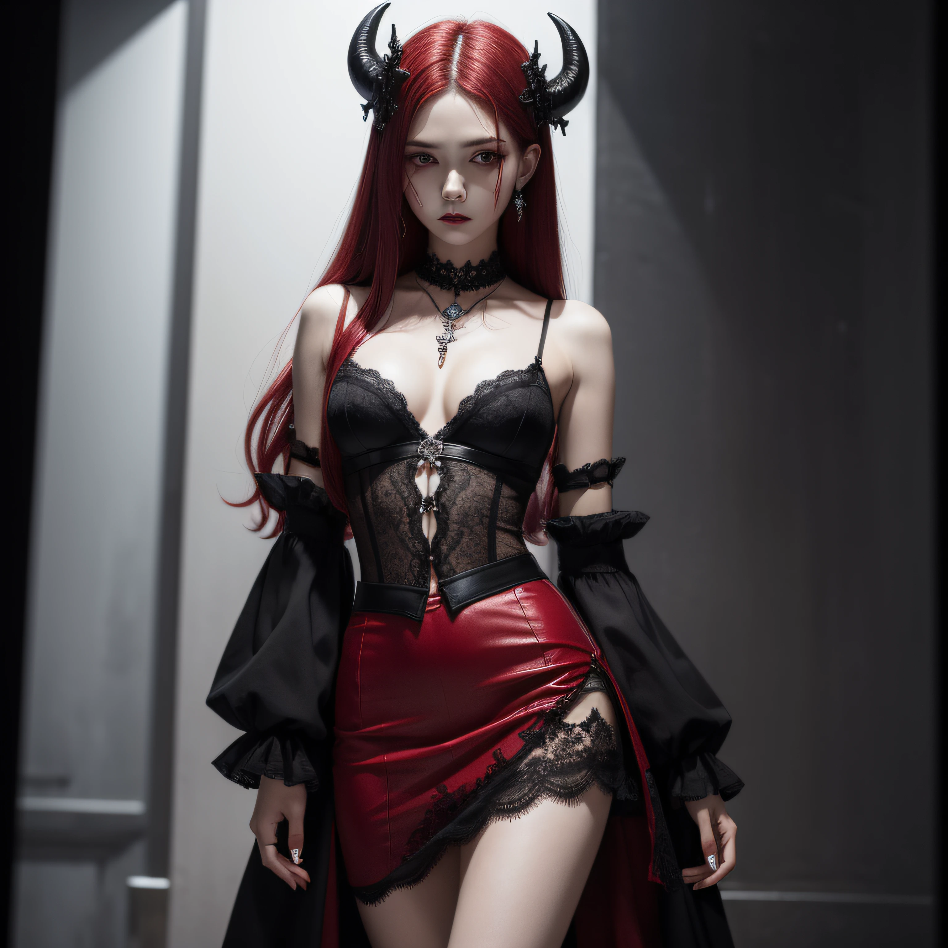 ((Masterpiece: 1.4, Best Quality))+,(Ultra Detail)+, Official Art, Unity 8k Wallpaper, Ultra Detailed, Beautiful, High Quality, Beautiful, Masterpiece, Best Quality, (Flat Chest), Full Body, Standing Painting, White Background, Red Straight Hair, Gloomy Eyes, Black Little Snake, White Theme, Red Jewelry, Studs, Black Lace Flats, Asymmetrical Skirt, Blood Stains on Skirt, Devil, Skeleton, Lots of Lace