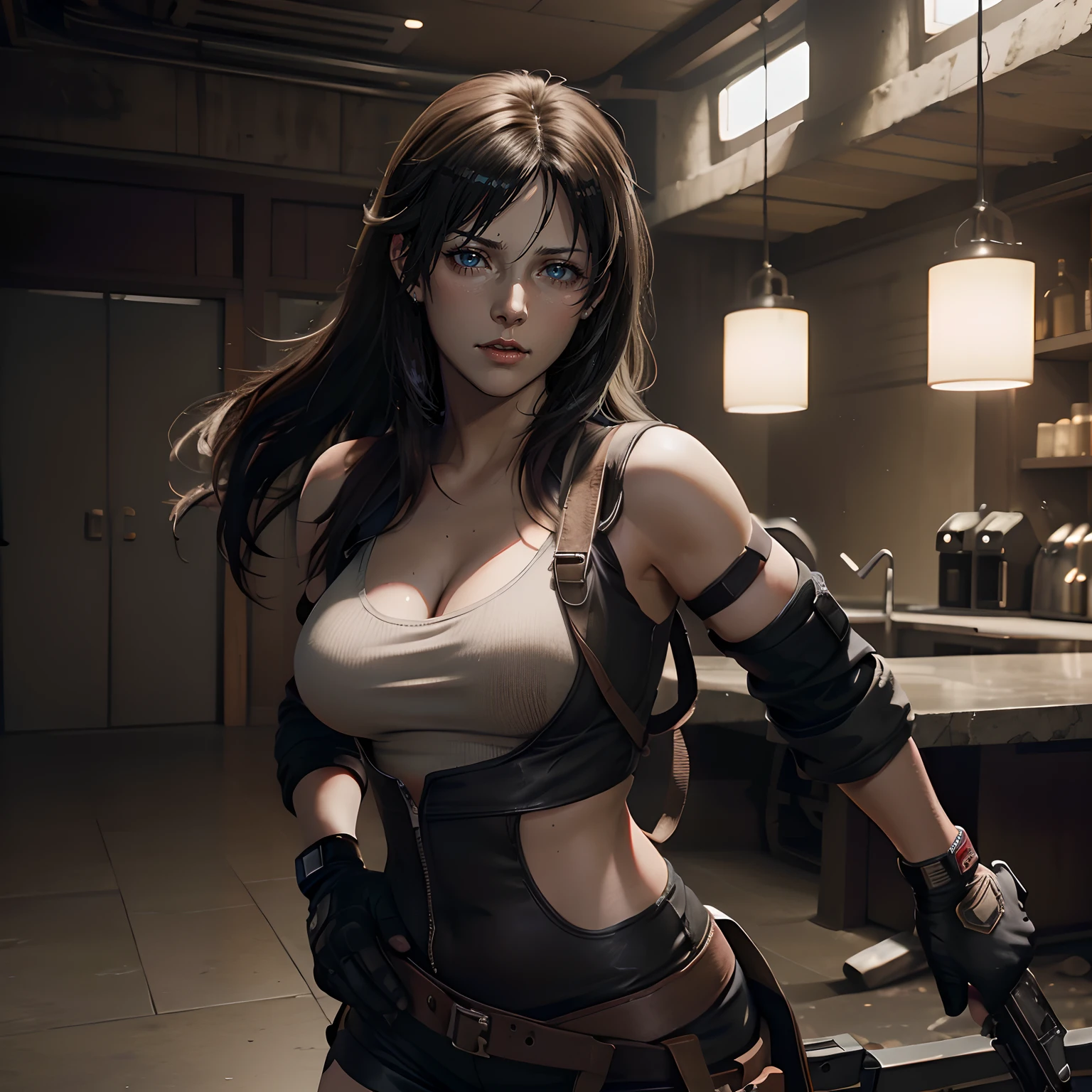 There was a woman in leather with a gun, Tifa Lockhart, ff Tifa, tifa lockheart, alluring tipha lockhart portrait, tifa lockhart portrait, portrait of tifa lockhart, Charming Tifa Lockheart, akihiko yoshida. illusory engine, 3 D rendering character art 8 K, Game CG, Badass anime 8 K