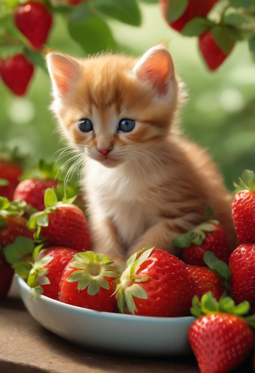 cute kittens、Unrealistically small、Being on strawberries、masuter piece、a picture