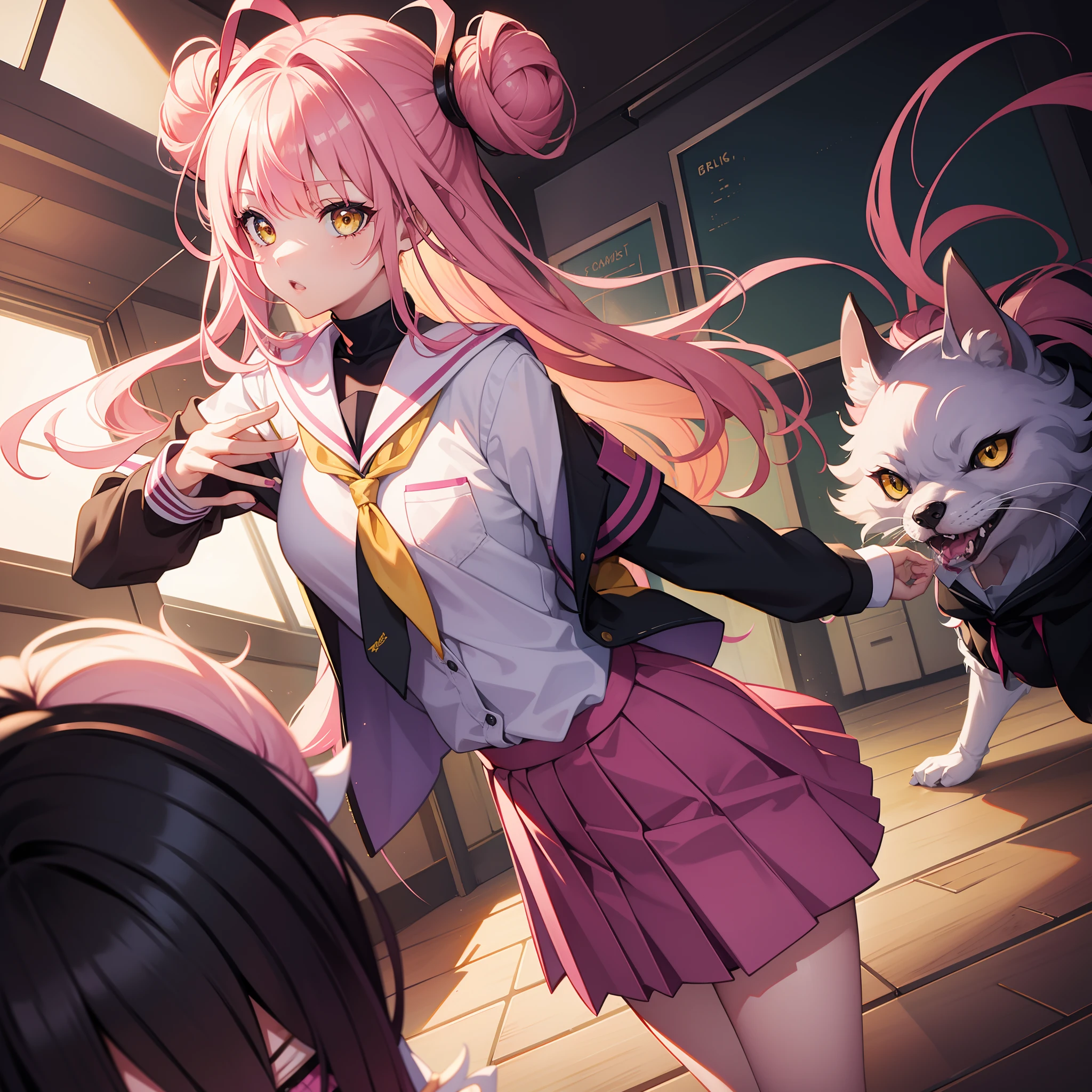 Yellow eyes, Pink hair with two buns, girl, school uniform, werewolf features