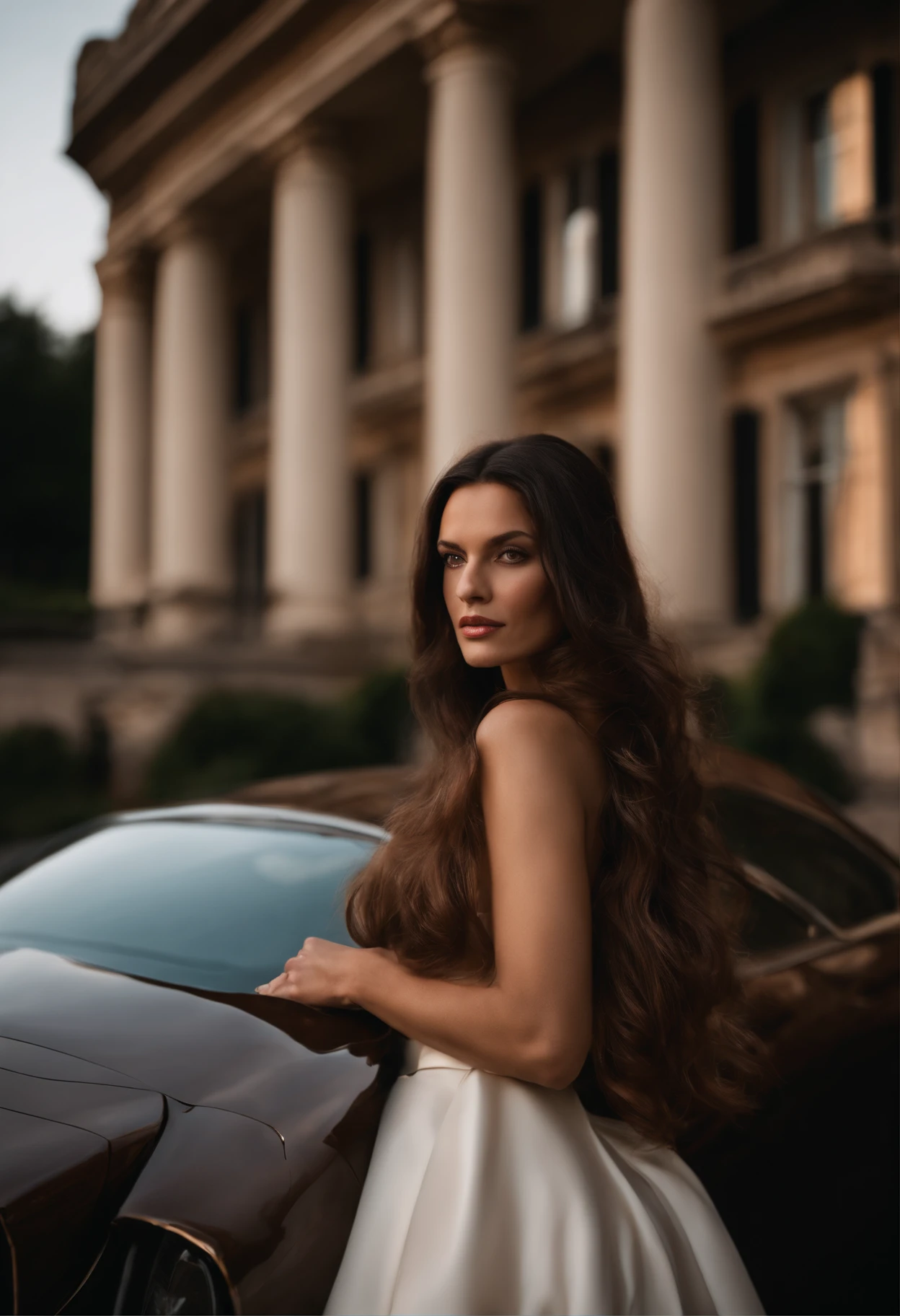 corps entier, wide-angle photo close-up portrait of the body of a beautiful young woman , Grand et en forme, (40 ans:1.1), (shaven:1.2) , (very long brown hair:1.5),(very long hair:1.6). white tight dress, . (posing outside the mansion with a luxury car:1.1), crowded street with cafes in the distance, Cold and dark sunset at dusk, (Edge Light:1.1), (hard light on the skin:1.2), (ombres dures, dark themed, Contraste profond:1.1), (photographie de portrait par Annie Liebovitz), Dark mint theme and choral aesthetics, (skin imperfections), British, dark hair, old money esthetic, 25 years old, really beautiful woman, princess, Dior aesthetic