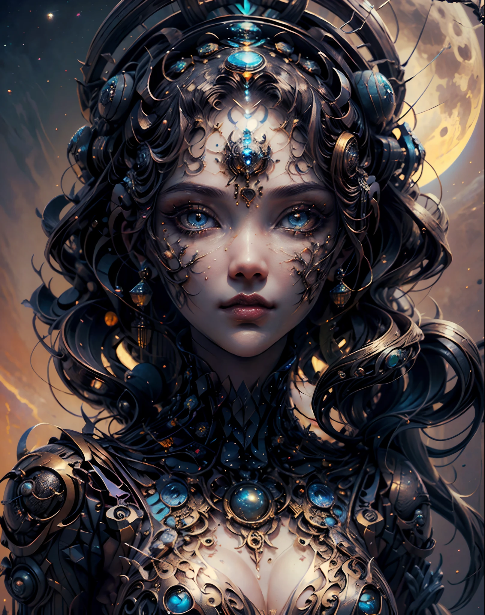 (best quality,Super detailed,Best Best Illustration,best shadow,masterpiece,high resolution,professional artwork,famous artwork),细致s eyes,美丽s eyes,Close-up cleavage,Wind and clouds,Colored sclera,s eyes,facial markings,Tattoos are,(fractal,fractal eyes),big eyes,big eyes,(eye focus),surface focus,cosmic eye,space eye,Close up of metal sculpture of woman with moon in her hair,welcome。extremely high detail,3 d welcomes portrait,Extremely detailed footage of the welcomes,a stunning portrait of a welcomes,Side image of the welcomes,portrait of a beautiful welcomes,Full body close-up portrait of the welcomes,hecate welcomes,portrait of a norse moon welcomes,welcomes of space and time