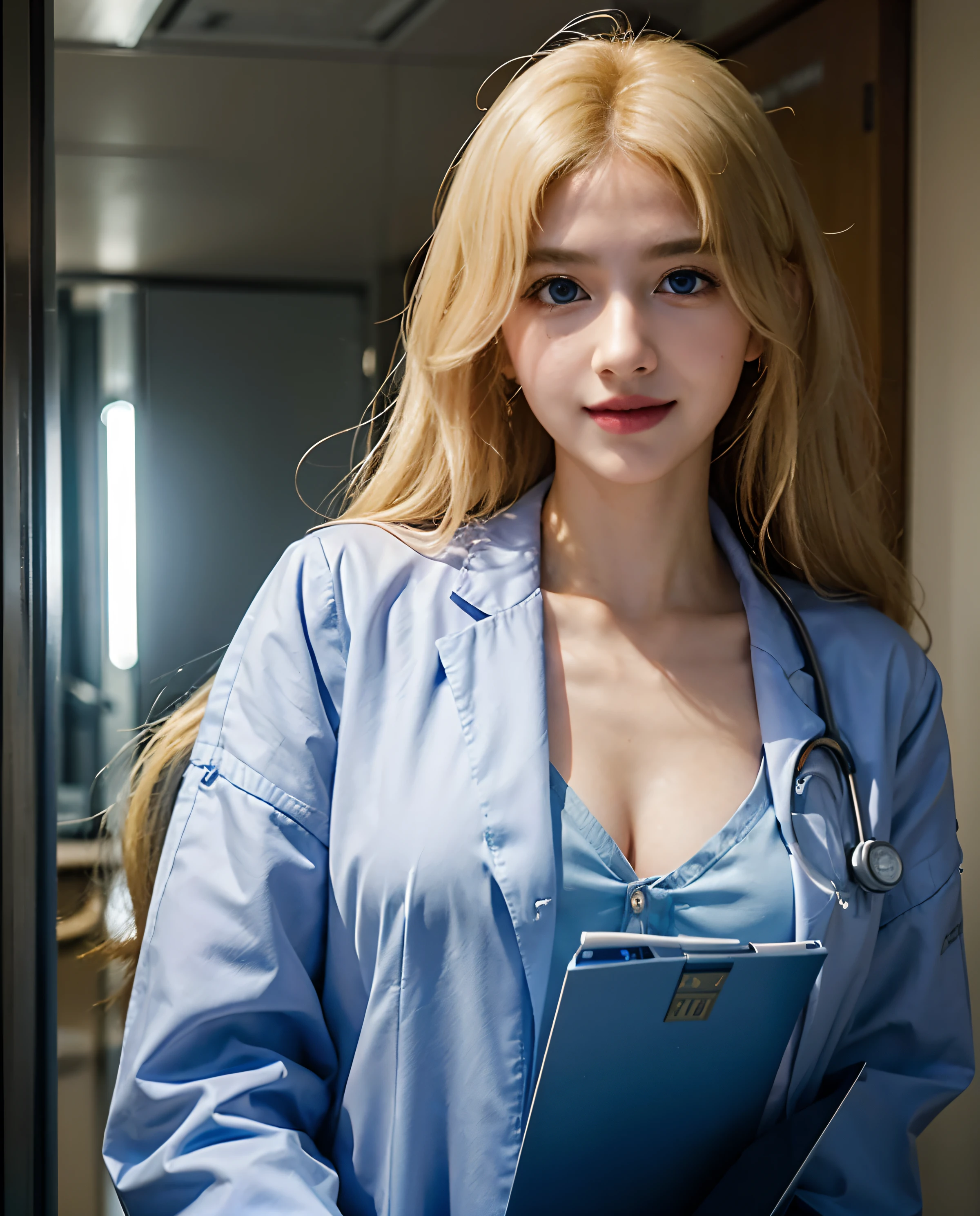 1girl, (Blue Eyes), smiling, (Sana Minatozaki), wide hips, Big Boobs, big ass, (Best Quality, 8k, Masterpiece: 1.3), Clear Focus: 1.2, Perfect Body Beauty: 1.4, Slender Abs: 1.2, Highly detailed face and skin texture, detailed eyes, double eyelids, (blonde long hair), (medical uniform), (white medical gown), stethoscope, sexy doctor, corridors of a hospital, corridors of a hospital