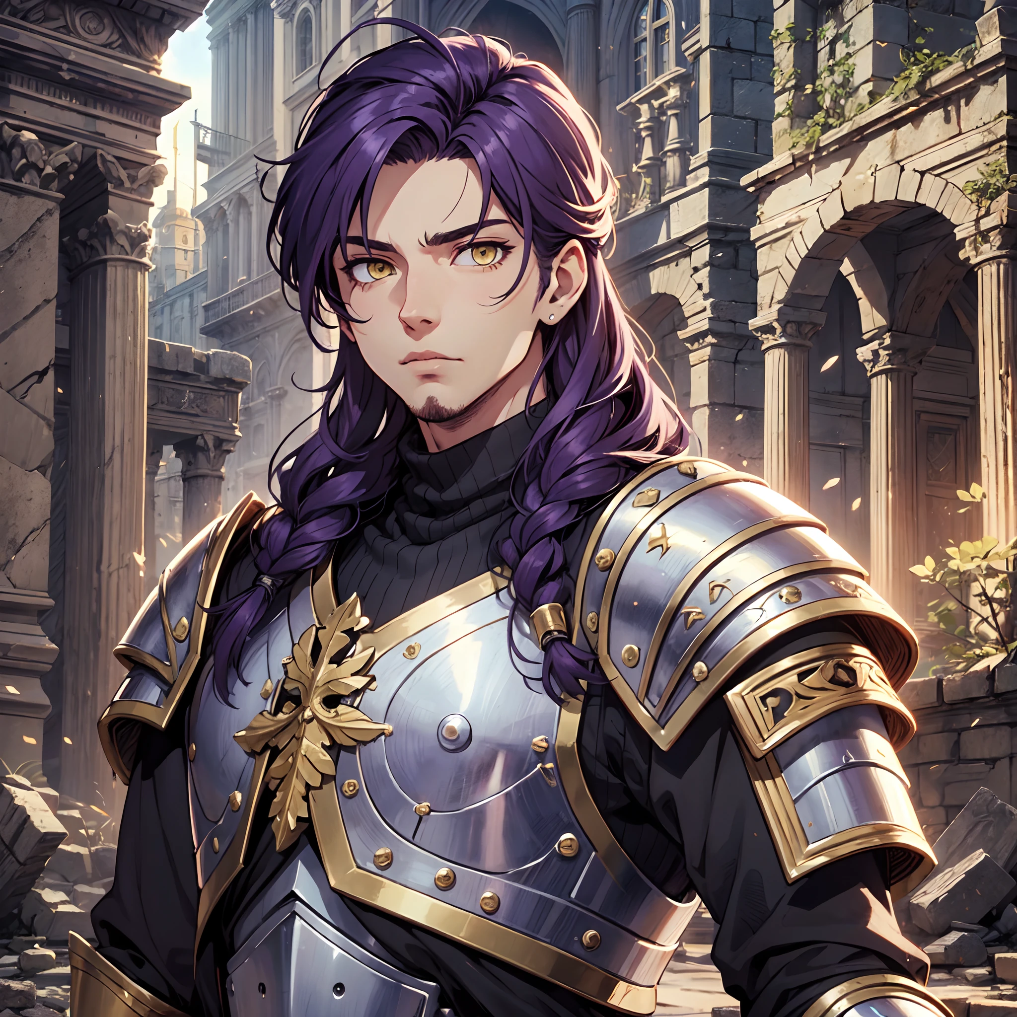 Ultra High Definition,
Ultra High Quality,
Hyper Definition,
Hyper Quality,
Hyper Detailed,
Extremely Detailed,
Perfectly Detailed,
8k,
1 Boy,
Long Purple Hair,
Under Cut Hairstyle,
Solid Yellow Eyes,
Handsome,
Armored With Roman Emperor Armor,
Ancient Roman Empire Ruins Background,