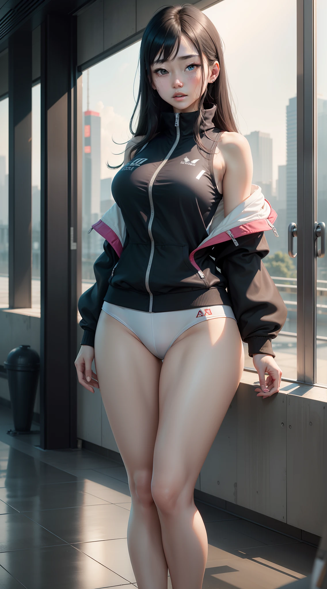 Unity 8k壁纸, of the highest quality, realisticlying, photographrealistic, Highly detailed aesthetics, 18yr old,Leaky breasts , perspired, Round eyes, You can see the figure through the clothes,Tall beauty, full body shot of , vests ,Tattered and indecent tracksuits, Thin sportswear,swimmingpool