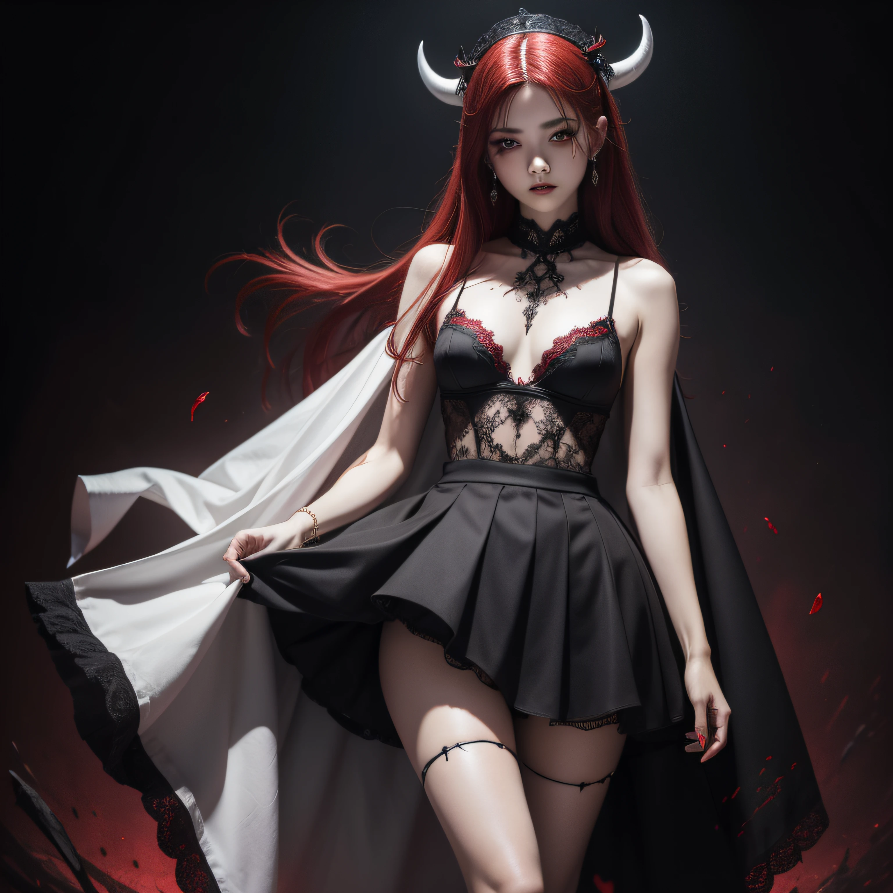 ((Masterpiece: 1.4, Best Quality))+,(Ultra Detail)+, Official Art, Unity 8k Wallpaper, Ultra Detailed, Beautiful, High Quality, Beautiful, Masterpiece, Best Quality, (Flat Chest), Full Body, Standing Painting, White Background, Red Straight Hair, Gloomy Eyes, Black Little Snake, White Theme, Red Jewelry, Studs, Black Lace Flats, Asymmetrical Skirt, Blood Stains on Skirt, Devil, Skeleton, Lots of Lace
