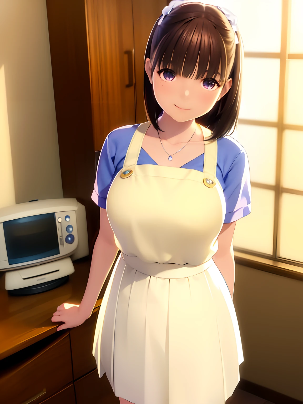 hight resolution,in 8K,Best Quality,detaileds,semi - realistic anime,Anime 3D Style,Smooth Anime CG,1 girl in,20 year old woman in Japan,slim,modeled,shiny chestnut hair,Medium Hair,Detailed face,Beautiful and detailed eyes,Glowing skin,((Beige Cut and Sew)),((White skirt)),(Flared Long Skirt:1.2),(pinafore:1.2),a necklace,(Daytime),in a house,Shot in front of the window,Blurry background,(Full body shot:1.2)