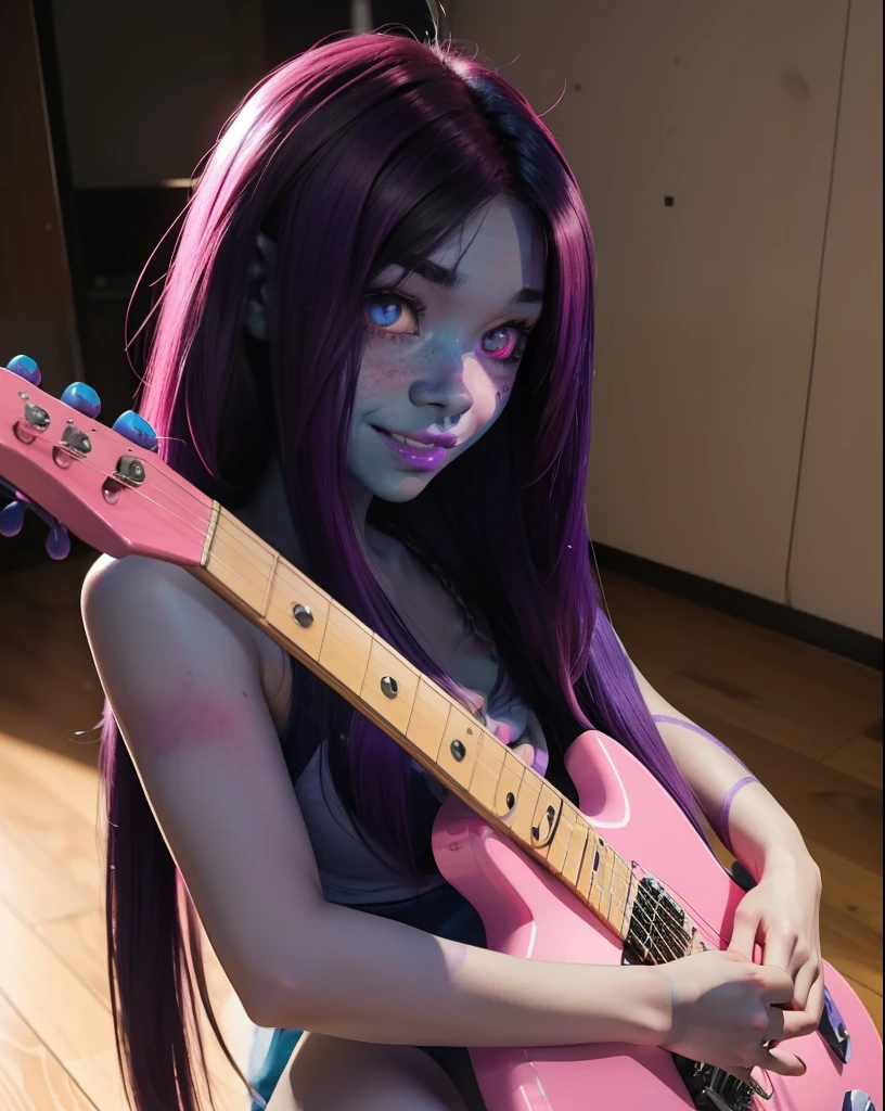 cute anime (zombie girl) with (dark purple straight hair), freckles, (((blue skin))), (((pink eyes))), pink nose. Playing electric guitar in her room.