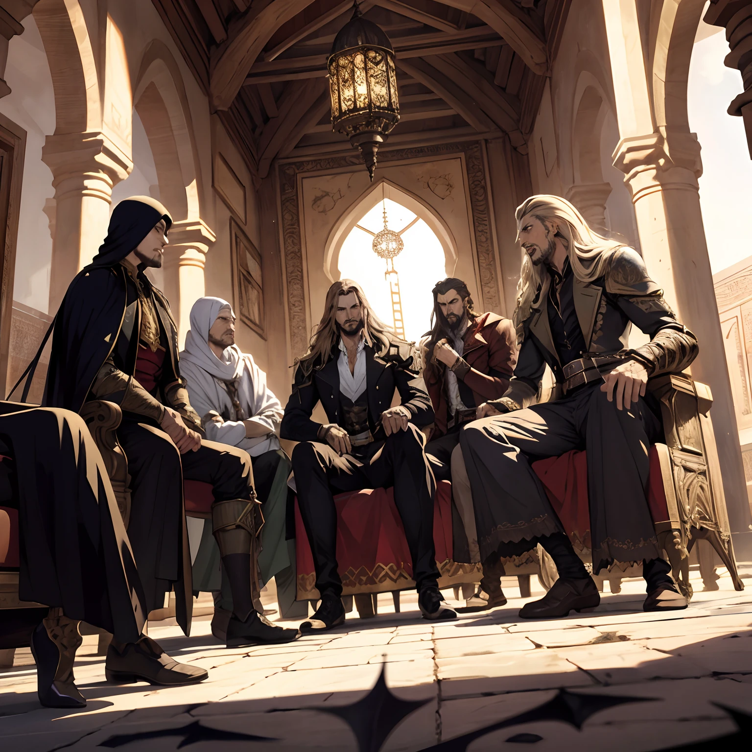 Castlevania Shadow Lord hyper realistic super detailed Dynamic group shot of lords discussion hyper realistic super detailed faces hyper realistic super detailed bodies hyper realistic super detailed Dynamic poses in moroccan islamic environment architecture