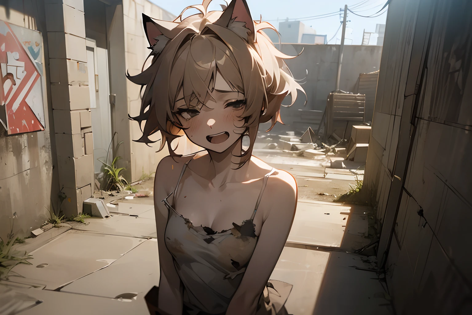 ((Masterpiece)), 8K, cinematic lighting, (very messy hair, rely on the dirty Concrete walls), (exposed breast, badly tattered and torn dirty white-camisole, Slender small breasts, open mouth, laugh face) slum townscape, Textured skin, cat ears, pale brown hair, Cute Beautiful girl