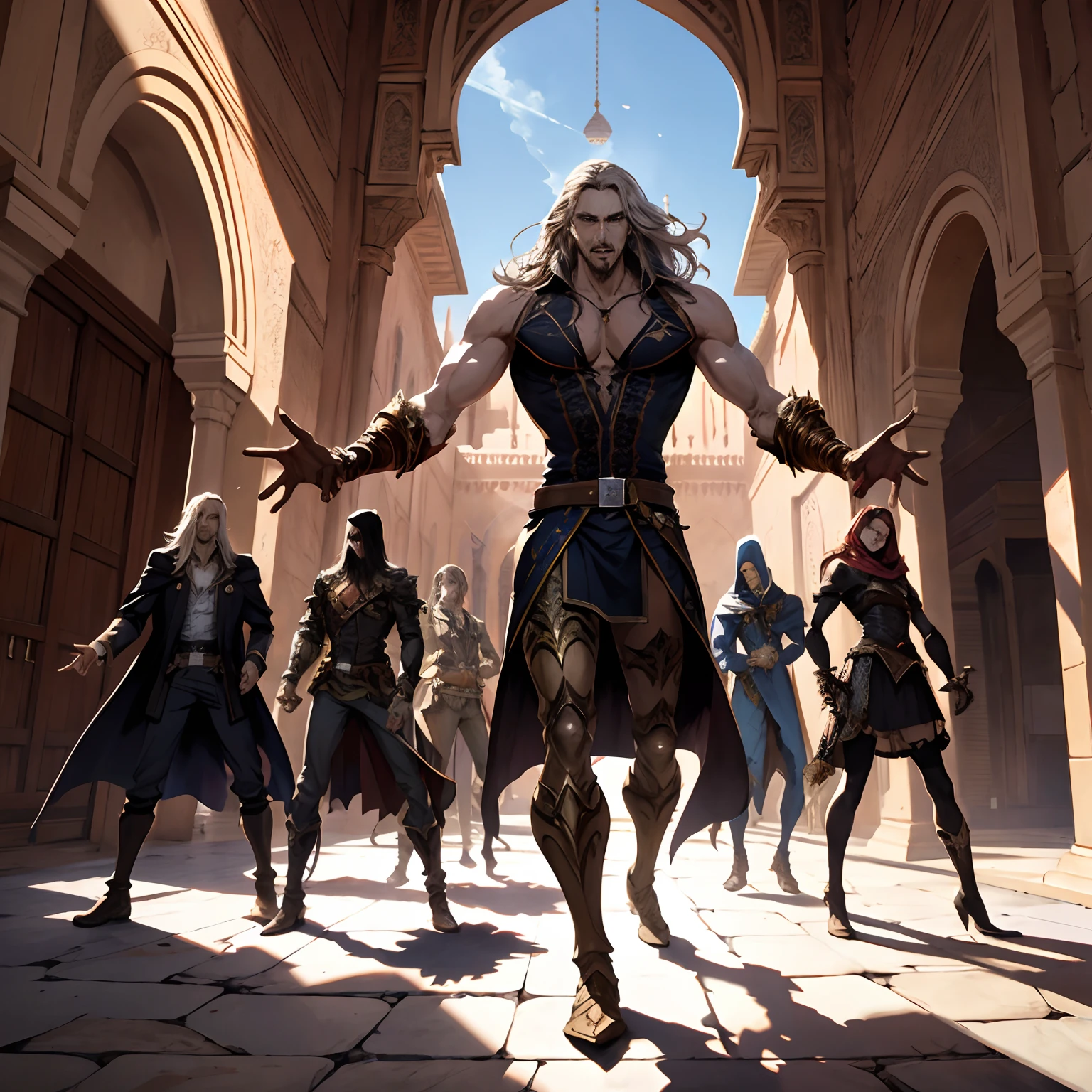 Castlevania Shadow Lord hyper realistic super detailed Dynamic group shot of lords discussion hyper realistic super detailed faces hyper realistic super detailed bodies hyper realistic super detailed Dynamic poses in moroccan islamic environment architecture