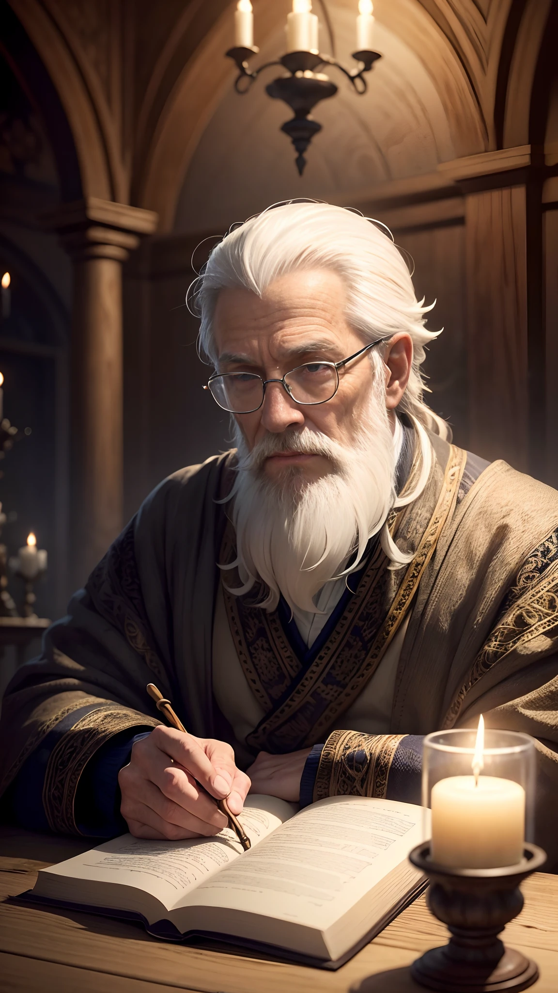 Character description: The main character is a gentleman of approximately 70 years of age, with completely white hair that flows smoothly down to the shoulders. His beard is short and equally white, destacando-se contra a pele enrugada e cansada pelo tempo. His face bears the marks of wisdom and experience, with deep wrinkles that tell life stories. He wears small glasses with metal frame, that reflect the light of nearby candles. He's dressed simply..., with a navy blue wool sweater and beige linen pants. the hands, show signs of years of work and reflection. Description of the environment: The scenery is shrouded in a soft melancholy, creating an atmosphere of contemplation and serenity. The walls are lined with dark wood, com entalhes intrincados e detalhes dourados, evocando um toque de majestade e espiritualidade. no centro da imagem, A richly decorated wooden Christian cross is carefully lit by a series of candles arranged in an antique chandelier. The flames of the candles dance softly, Creating magical lighting and soft casting, sombras misteriosas nas paredes. Ao lado do senhor, there is a small wooden table adorned with carved details that supports an open Bible. The holy book is strategically positioned, Highlighting a verse the Lord is reading in your prayer. An aged leather cover protects the Bible and exudes a sense of veneration. The environment is tranquil and provides a deep sense of peace and contemplation, Create a sacred and reverent space perfect for the prayer of the elderly lord. The meticulous attention to detail and carefully lit atmosphere highlight the beauty and importance of this moment.
