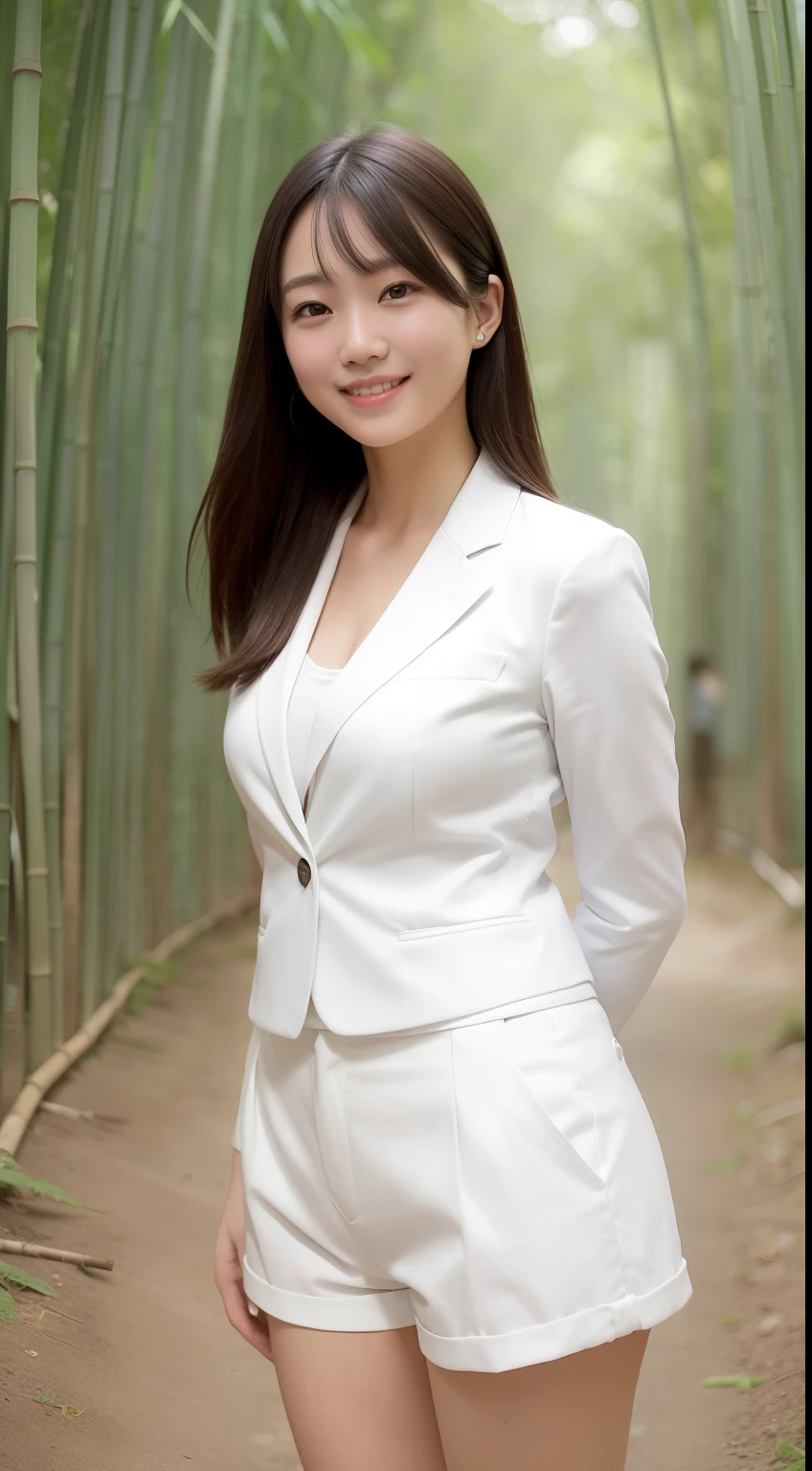 A smiling girl,While wearing a white Business suits,Super short blue denim shorts,Standing in a bamboo forest,com rosto detalhado,The eyes are delicate,The photo quality is the best,Realistic image quality,Background diffuse lighting,Depth of field display。