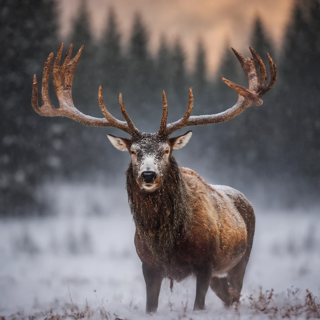 A Photograph capturing the enigmatic beauty of an ijiraq, embodying the spirit of the Arctic wilderness. The national geographic-inspired frame showcases the mystical creature, its human head framed by antlers, fiery red eyes piercing through the mist. Warm tones and soft lighting accentuate the dreamlike atmosphere as the ijiraq moves gracefully through a snowy landscape, evoking a sense of wonder and mystery.
