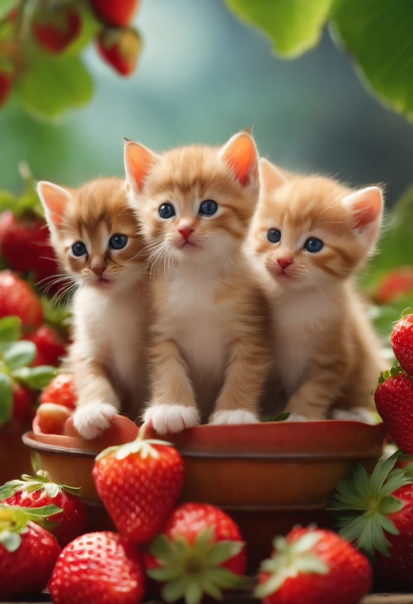 cute kittens、Unrealistically small and about the size of a little finger、Being on strawberries、masuter piece、a picture