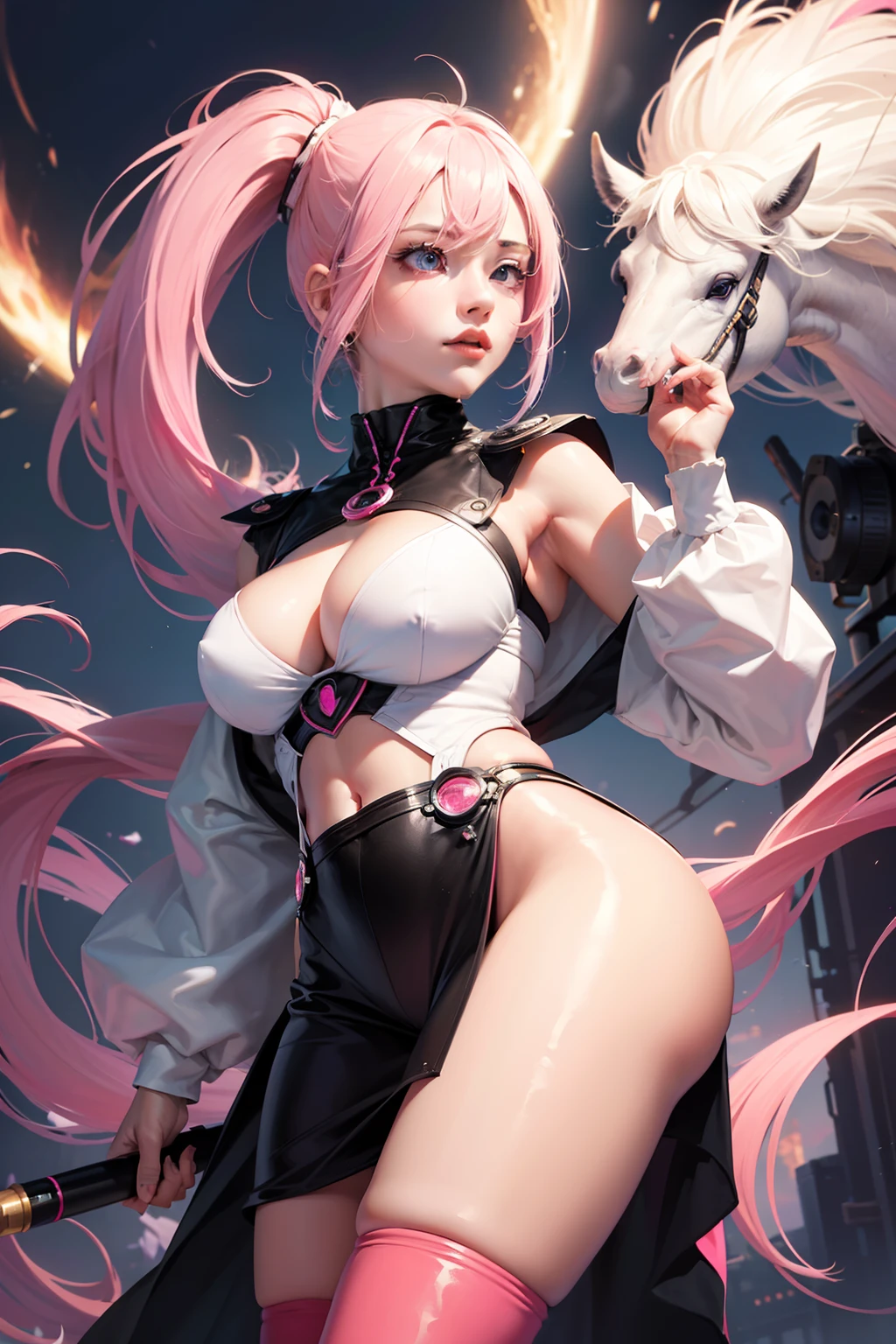 (Masterpiece, Best Quality), 8k Wallpaper, highly detailed, cute anime girl, science fiction, wearing hot pink, white hair, two pony tails, style of frank frazetta.