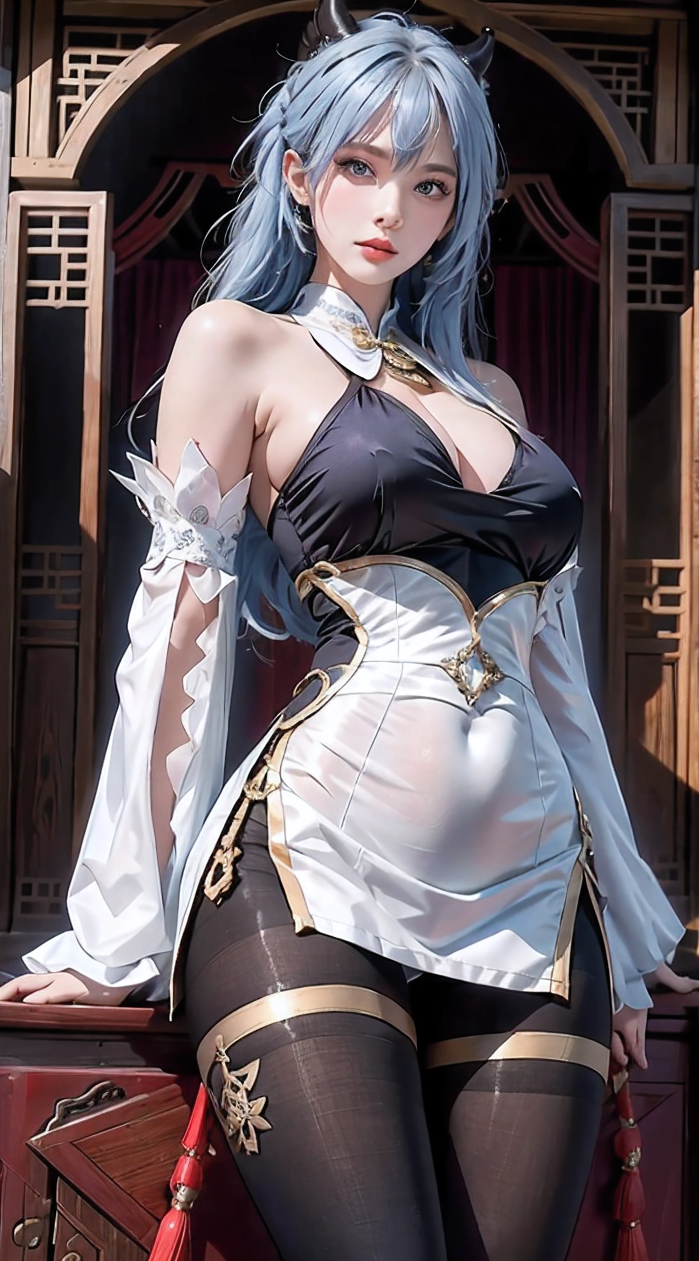 photorealistic, high resolution,masterpiece,best quality,ultra-detailed, 1women, hips up, blue eyes, ahoge, architecture, bangs, bare shoulders, bell, black gloves, black pantyhose, (blue hair), blush, breasts, chinese knot, detached sleeves, east asian architecture, flower knot, gloves, horns, long hair, medium breasts, neck bell, night, outdoors, pantyhose, purple eyes, tassel, white sleeves , intricate,