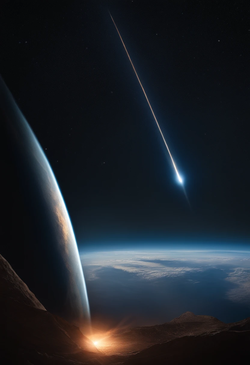 arafed view of a planet with a lot of rockets flying around it, missiles explosions in the sky, nuclear explosion from space, missile explosions, space atmosphere, meteors falling, shot from space, cosmic atmosphere light flares, meteors are falling from the sky, looming over earth in space, looming over earth, looming over the earth, meteors, space photography