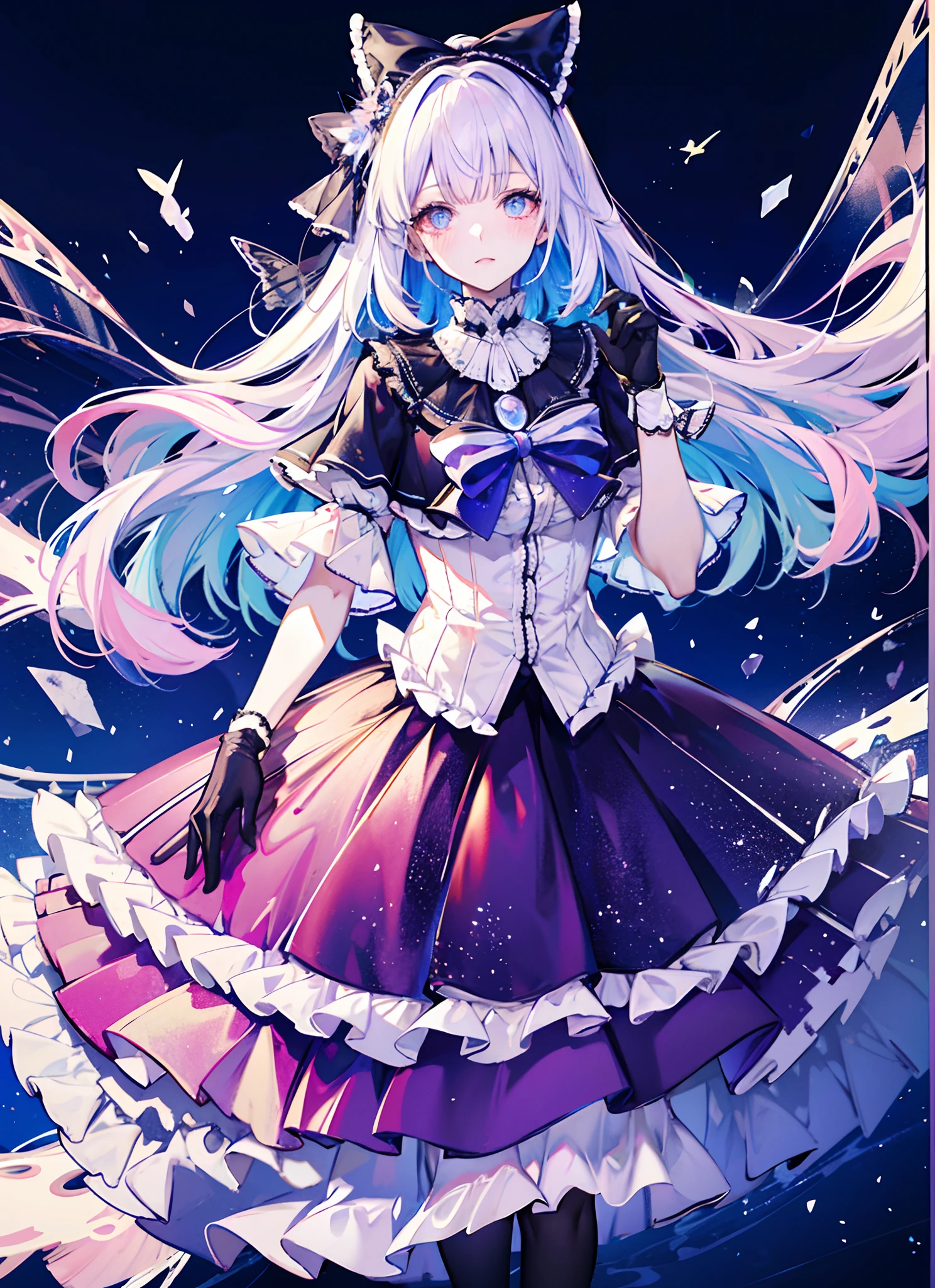 Super gorgeous, extreme multiplication, shiny crystal, cinematic lighting, curly hair, Roman curls, frills, misty, Alice in wonderland, dramatic composition, extreme detail, high resolution, ta dress, bow, pearl necklace, lace gloves, bow, ribbon, floating, levitating, fly, misty, starry, dreamy, transparent fabric, layered yarn, transparent gauze skirt