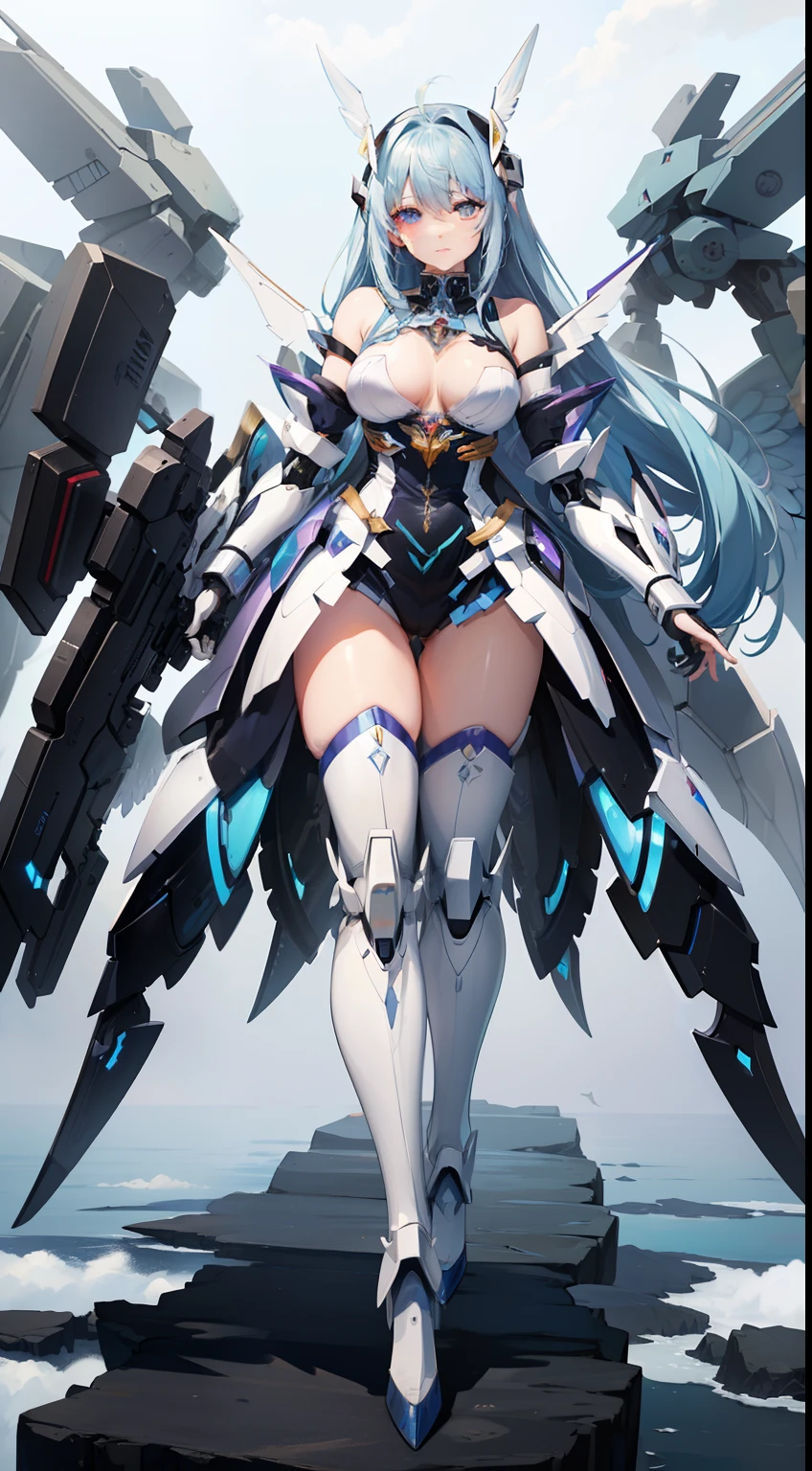 ((8K))、((32K))、((top-quality))、((​masterpiece))、((超A high resolution))、((T-Mastepiece))、detailed skin textures、Detailed Cloth Texture、Detailed metal texture、((beautifull detailed face))、Raw photo、proffesional、Ultra-fine painting、((独奏))、((Woman dressed as Mecha Angel))、beutiful breast、concept-art、anime fantasy artwork、detailed fantasy art、Anime character with pale blue-violet hair and big white wings、(((Twin-tailed)))、(mechs:1.6)Sleek and menacing design、((Heavy weapons long-range support armament))、Pure white and blue-violet armor、symmetrical wings、8k high quality detailed art、3D rendering of character art in 8K、defined legs、Defined Arm、defined fingers、NSFW