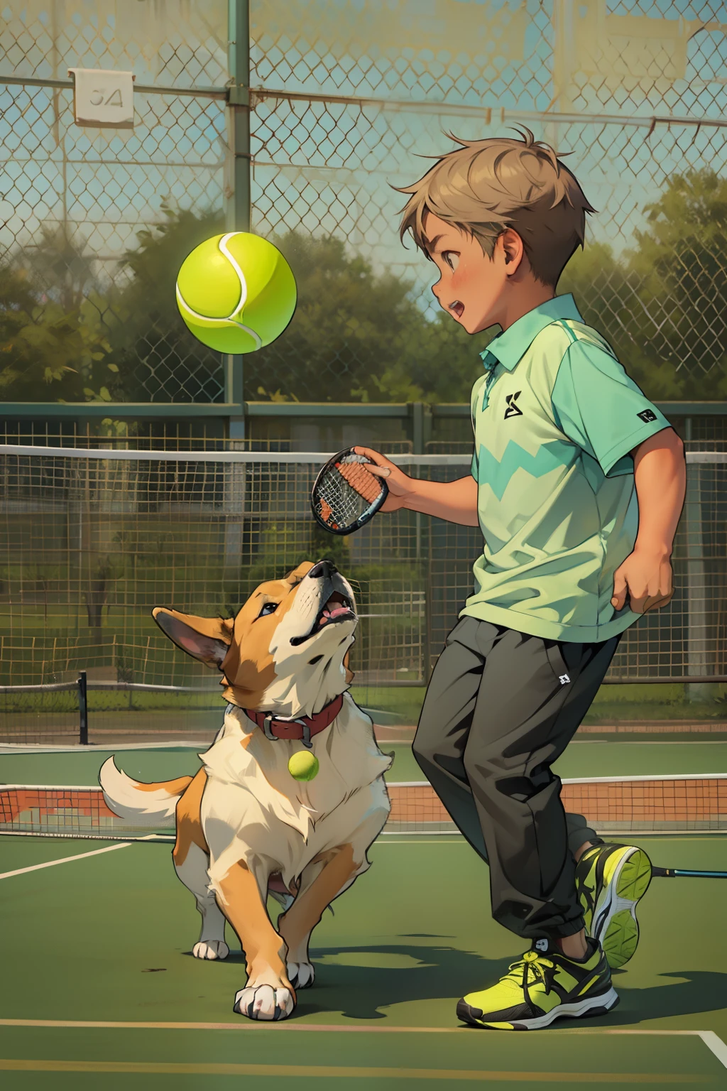 Little boy tossing a tennis ball, a dog fetching it