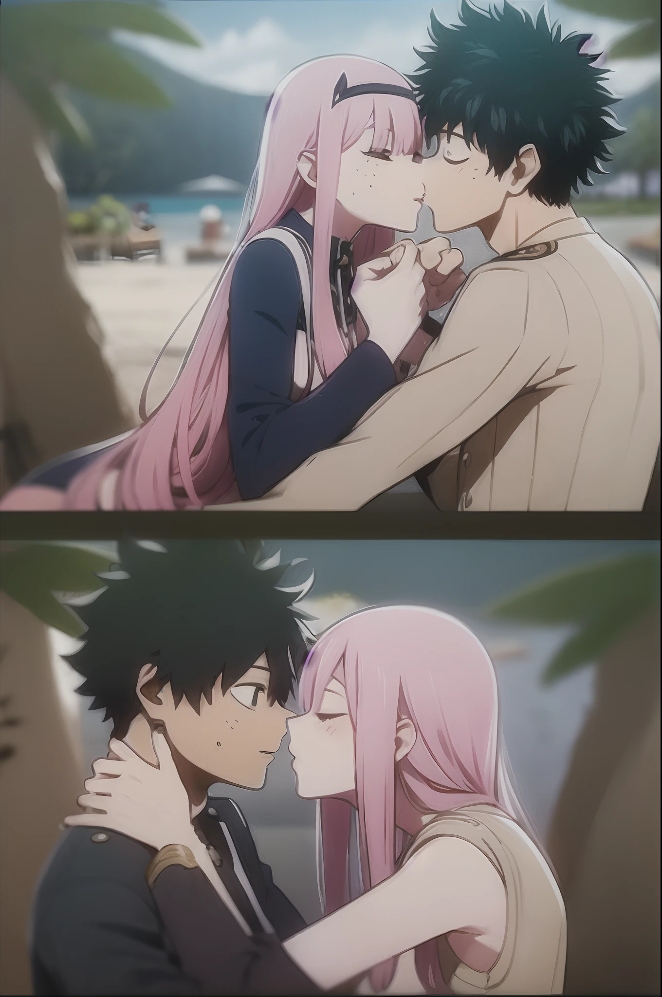 zero two, 1girl, zero two naked_shirt,vest_print:, izuku from bnha, izuku and zero two being a lovey dovey couple very affective in a beach, izuku with pants and pullover, love , happy, ,1girl,, ,sitting, standing, french kiss, kissing, 1boy, couple, husband and wife, happy, romantic kiss, passionated kiss