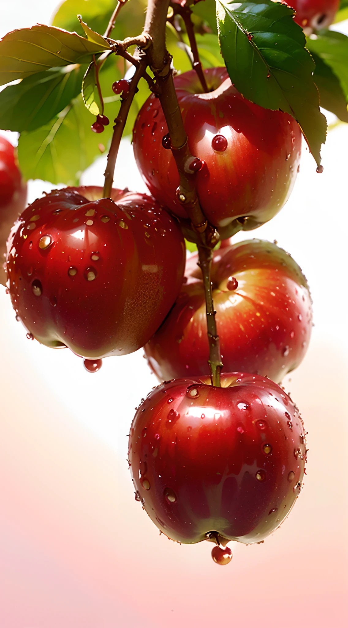 there are three apples hanging from a tree with water droplets, red apples, red apple, professional fruit photography, apples, cherries, candy apple, apple, fruit trees, berries dripping, beautiful wallpaper, apple tree, wallpaper - 1 0 2 4, cherry, description, hd wallpaper, apple trees, 4 k hd wallpapear, cherry explosion