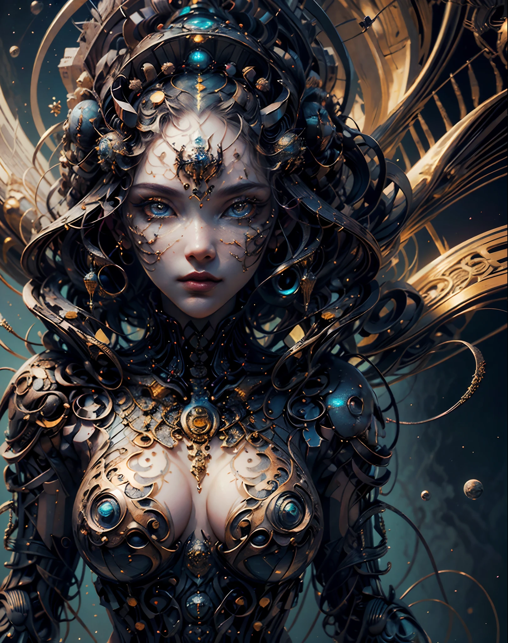(best quality，ultra - detailed，Most Best Illustration，Best shadow，masterpiece，A high resolution，professional artwork，famous artwork），Eyes focus, Star sparkle particle around, Detailed eyes，beautiful eyes，closeup cleavage，sci-fi，colored sclera，Robot eyes，face markings，Tattooed with，（fractalized，Fractal eyes），large eyes，Wide eyes，（Eye focus），face focus，Cosmic eyes，Space eyes，Close-up of metal sculpture of a woman with a moon in her hair，goddess, extremely high detail，3 d goddess portrait，Extremely detailed footage of the goddess，a stunning portrait of a goddess，Side image of the goddess，portrait of a beautiful goddess，Full body close-up portrait of the goddess，hecate goddess，portrait of a norse moon goddess，goddess of space and time, sea art 2.1, goddess sea art 2.1, texture masterpiece, super detail, cinematic lighting, Asian face.