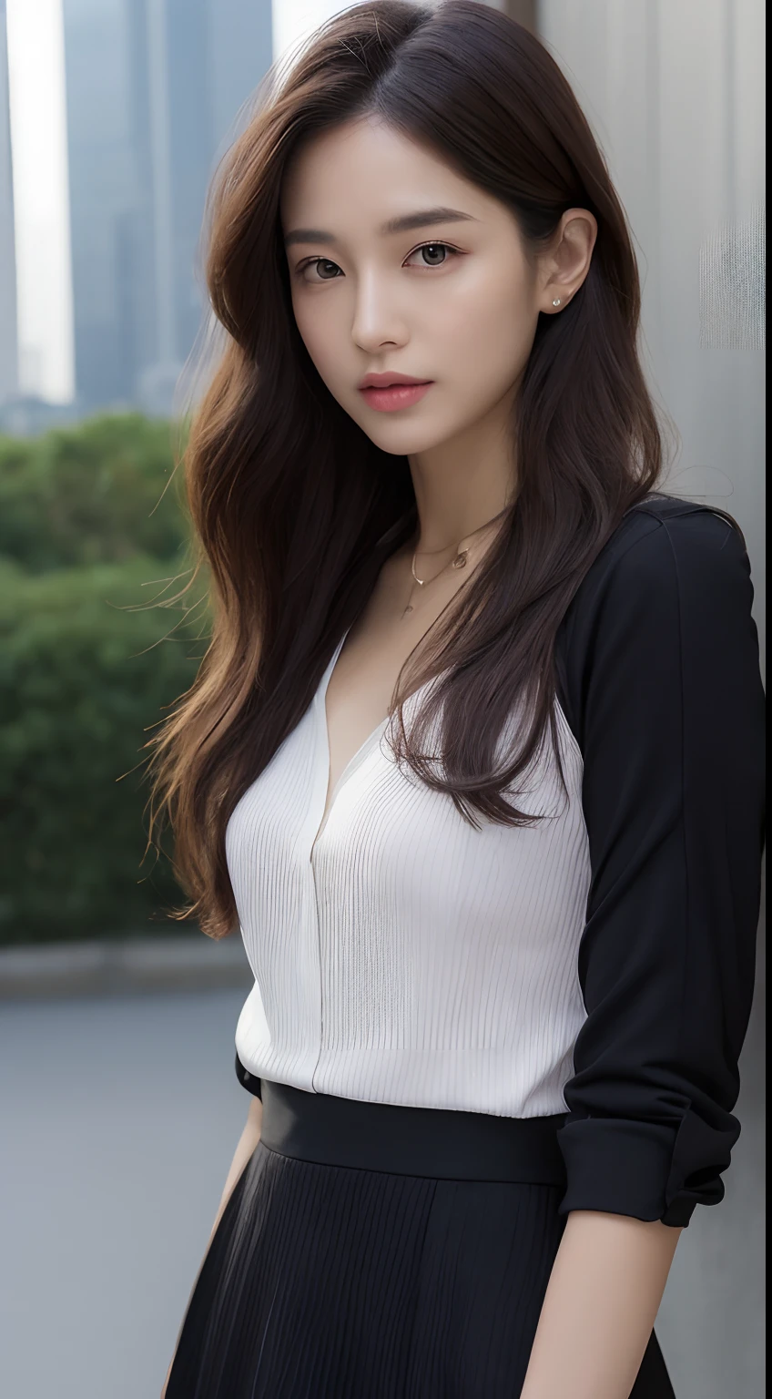 (Best quality, high resolution, masterpiece: 1.3), a tall and beautiful woman, slender abs, dark brown hair in loose wavy shape, breasts, wearing a pendant, white button-down shirt, black tight skirt, (wet clothes: 1.4), real rain, wet hair,.. (modern architecture in the background), beautifully presented details in face and skin texture, detailed eyes, double eyelids