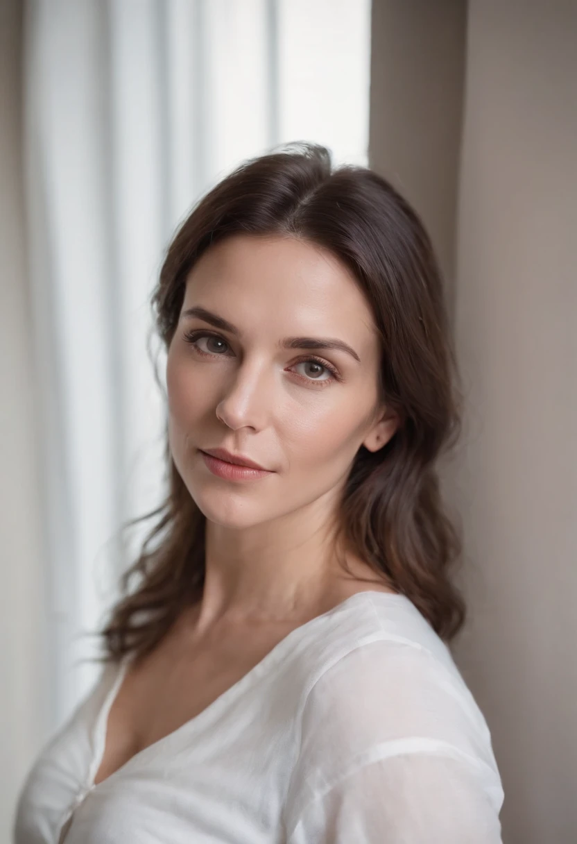 Beautiful 40-year-old brunette woman, with white shirt inside a room, vista lejana, camiseta blanca, vista lejana, streetwear casual, manga corta, mirando directamente a la foto