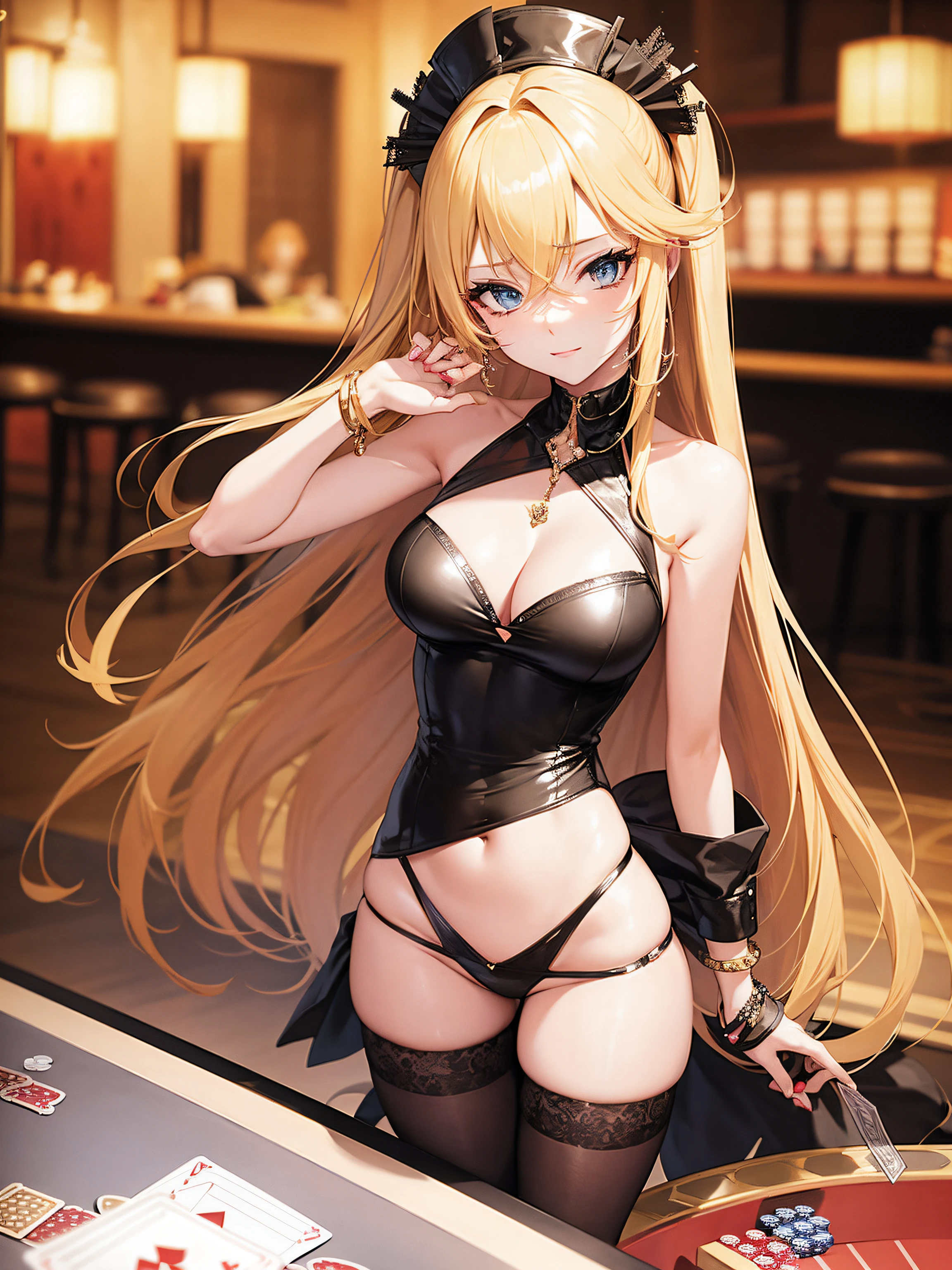 sexy anime style girl with long blonde hair, in casino playing poker cards, with luxurious clothes and jewelry on her body
