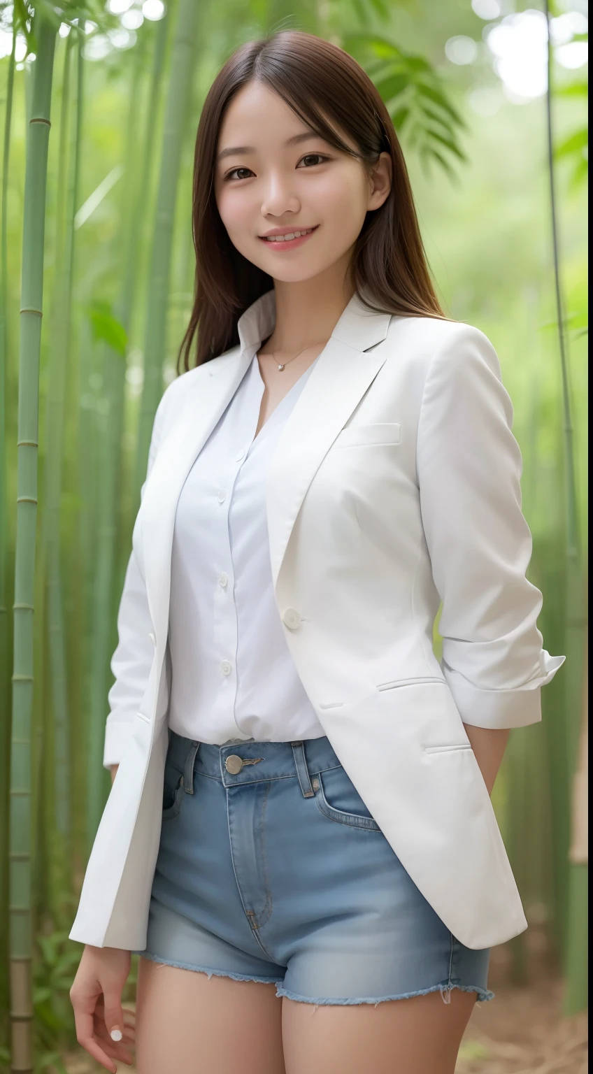 A smiling girl，While wearing a white Business suits，Super short blue denim shorts，Standing in a bamboo forest，com rosto detalhado，The eyes are delicate，The photo quality is the best，Realistic image quality，Background diffuse lighting，Depth of field display。
