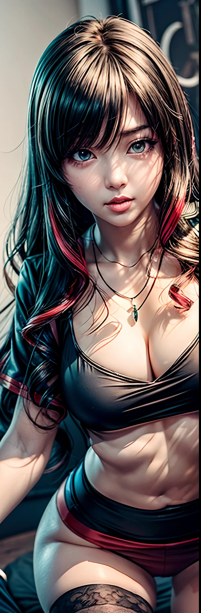(Best quality, Ultra-detailed, Photorealistic:1.37), 3D anime style girl with green wavy curls, A girl with beautiful and delicate facial features and long eyelashes, Intense red eyes that reflect light, lusciouslips, Multi-colored crystal necklace, Black school uniform with short skirt, Clear black border thigh stockings, Perfect figure, full body shot of, Shot in ultra-wide angle anime style photography.