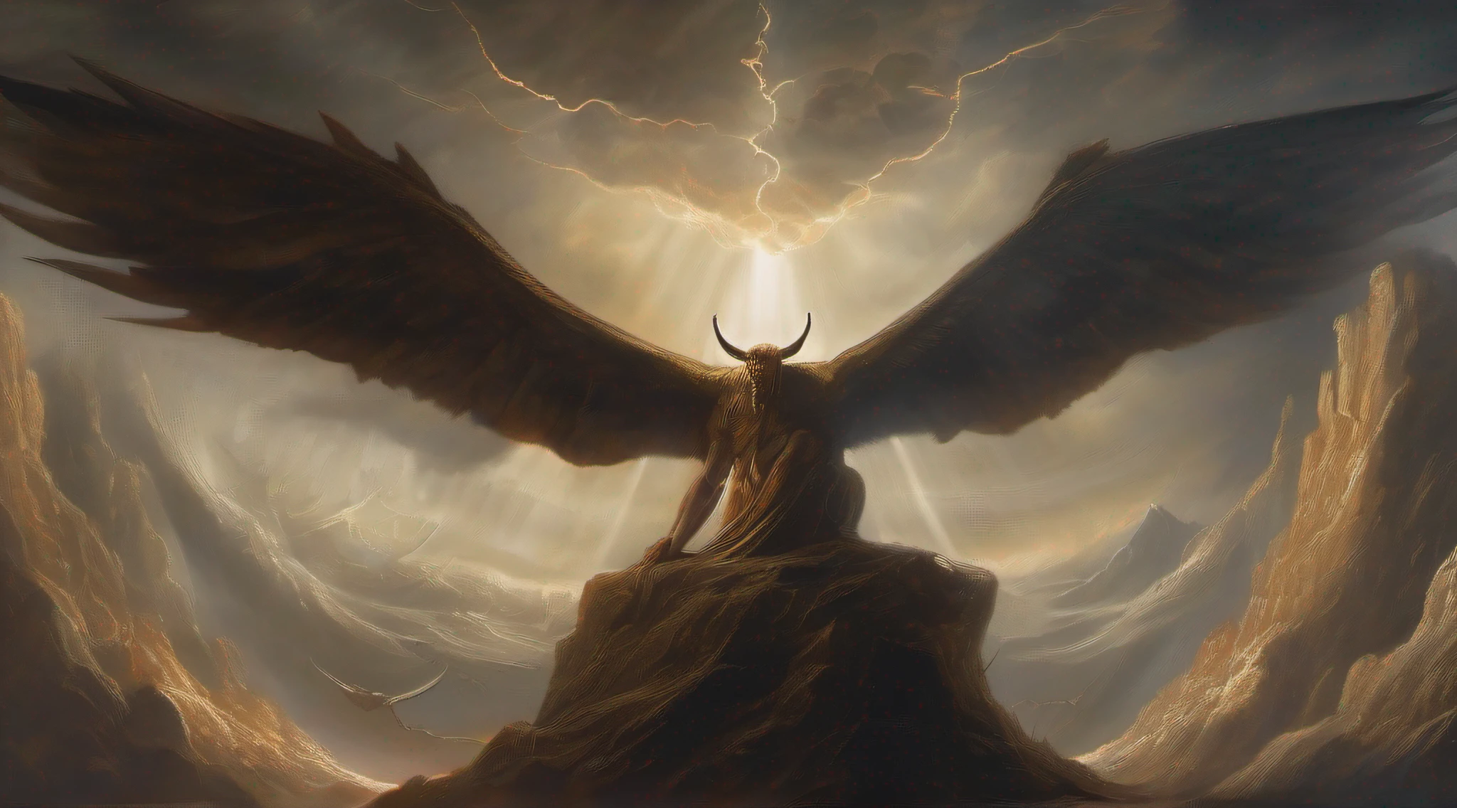 (((Detalhes intrincados))), (((melhor qualidade))), (((qualidade extrema de detalhes))), (((Complex composition))). Create a highly realistic and dramatic artwork that depicts Lucifer's fall from the sky. Pay meticulous attention to capturing the moment of descent in maximum detail. Use a dark and stormy sky as a backdrop, with lightning and thunder adding to the dramatic effect. Represent Lucifer's expression and posture to convey his rebellion and descent into darkness. Use a mix of warm and cool tones to create contrast and depth in the composition. Get inspired by the styles of artists like Gustave Doré, William Blake e John Martin.