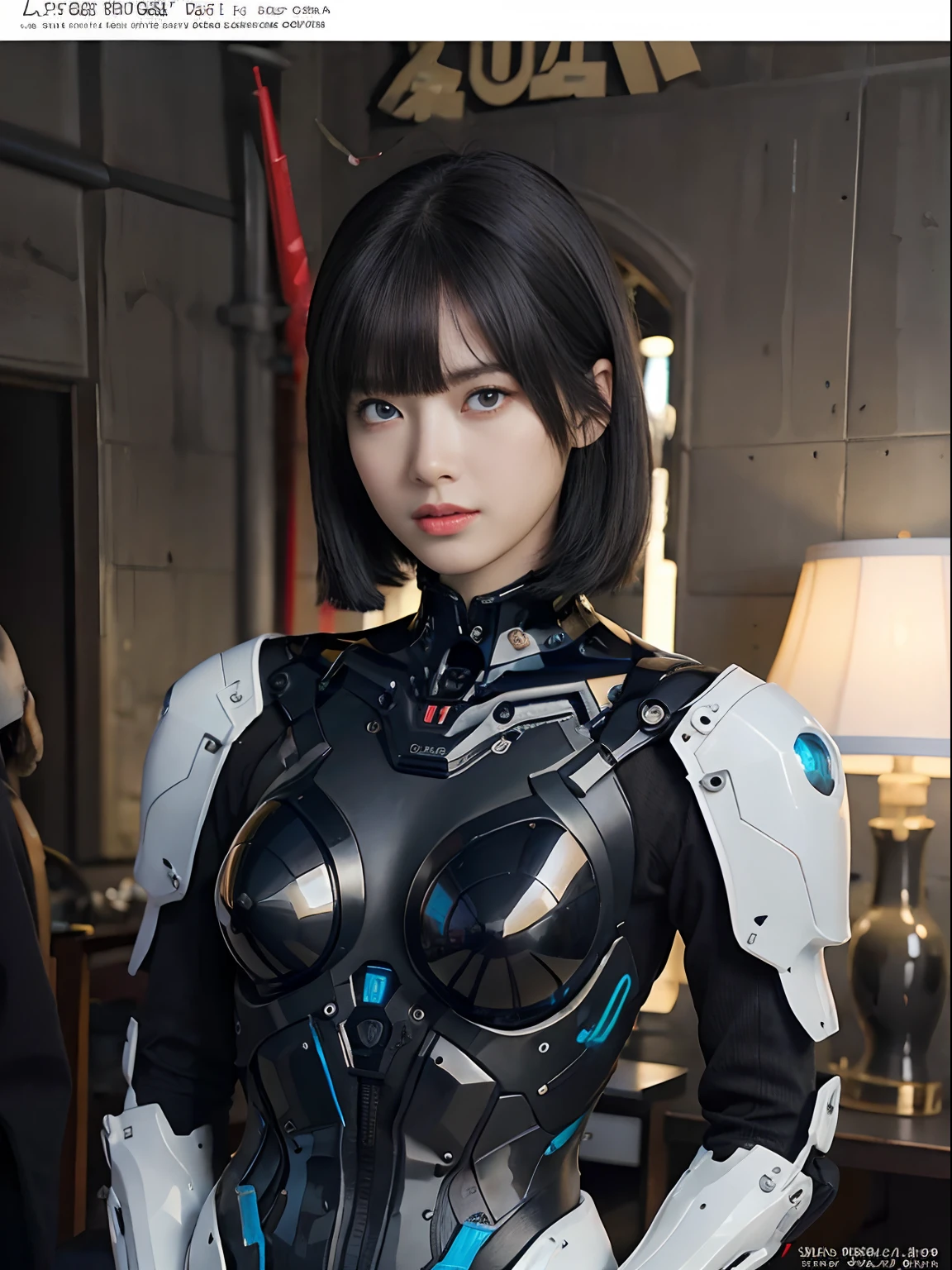 （Fight against mechanical robot soldiers）、top-quality、​masterpiece、超A high resolution、(sexypose),（Wearing a futuristic sun visor）、(Photorealsitic:1.4)、Raw photo、***1人、Black hair、glowy skin、((1 Mechanical Girl))、((super realistic details))、portlate、（Small LED lamp）、Wire tubes that glow all over the body、(With state-of-the-art weapons),globalillumination、Shadow、octan render、8K、Armpit、ultrasharp、Colossal tits、Small LED lamp、Raw skin is exposed in cleavage、metals、blood vessels connected to tubes、With weapons、Red bodysuit、Armpit、Cyberpunk city background、Details of complex ornaments、Japan details、highly intricate detail、Realistic light、CGSoation Trends、Blue eyes、radiant eyes、Facing the camera、neon details、（Helmet of the Brave）、Mechanical limbs、blood vessels connected to tubes、Mechanical vertebrae attached to the back、mechanical cervical attaching to neck、Wires and cables connecting to the head、Gundam、Small LED lamp、Toostock、Toostock、Futuristic machine gun、Knives、