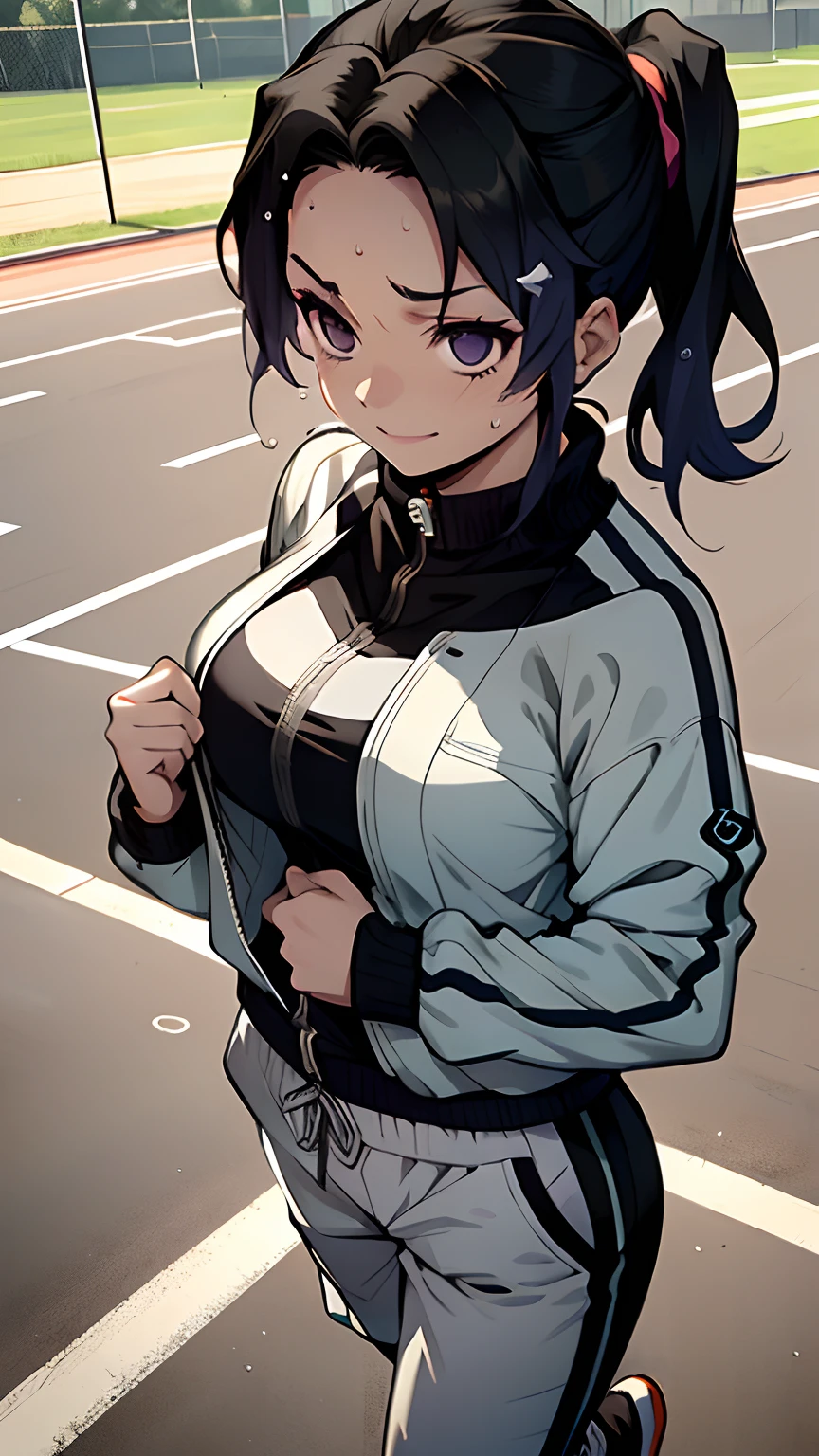 Top-down view，1girl, Shinobu Kocho, big breasts, beautiful，looking at viewert，smile，track suit，jogging，Off-the-shoulder attire，perspire，scowling，sweat shorts，Sports bra，Bust photo，sportrait，School playground