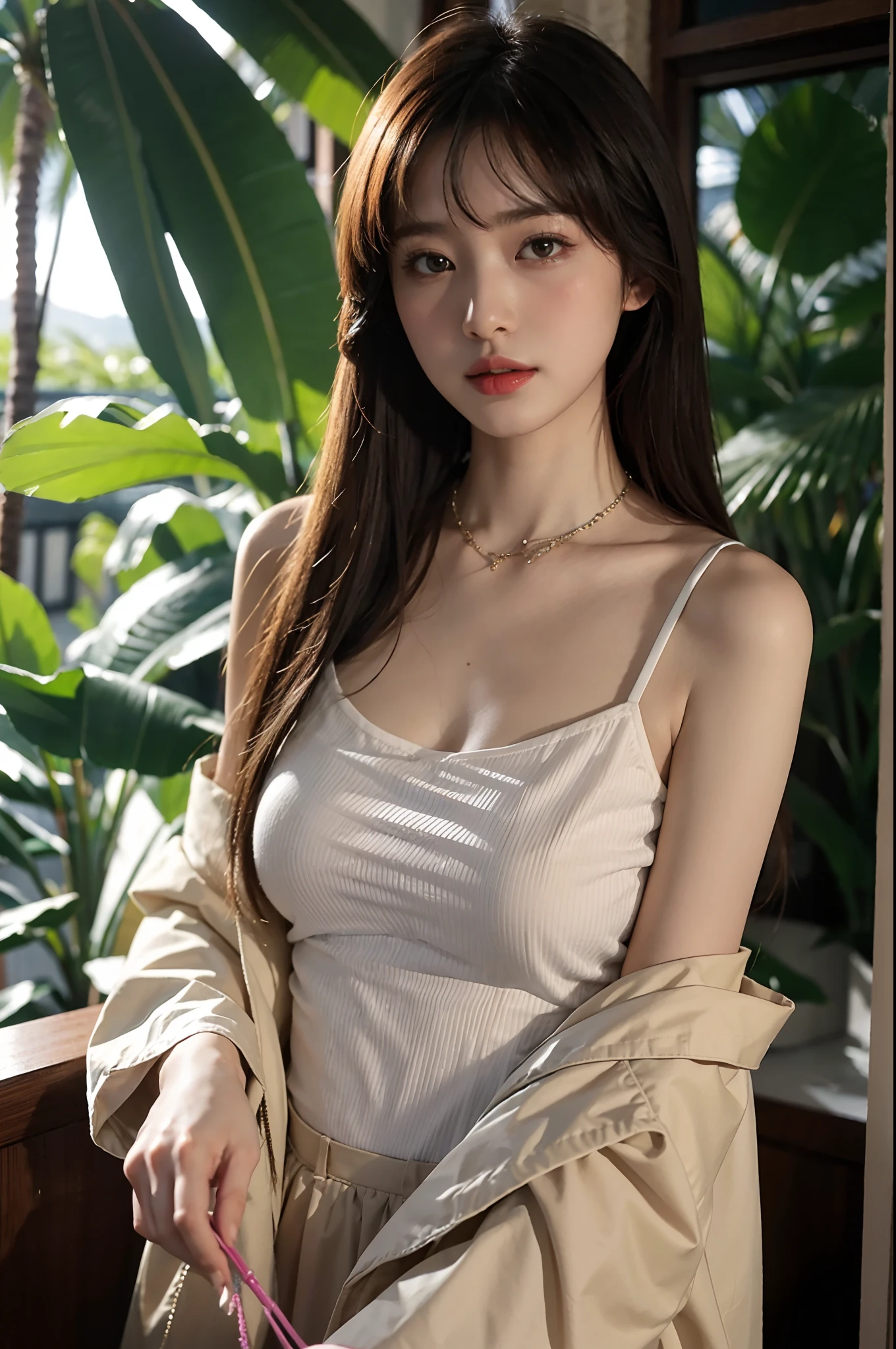 Best quality at best,Original,tmasterpiece,超高分辨率,Sweet girl,Draped with hair,Necklace necklace,camisole,medium boob,Hawaii,coconut palms,healed