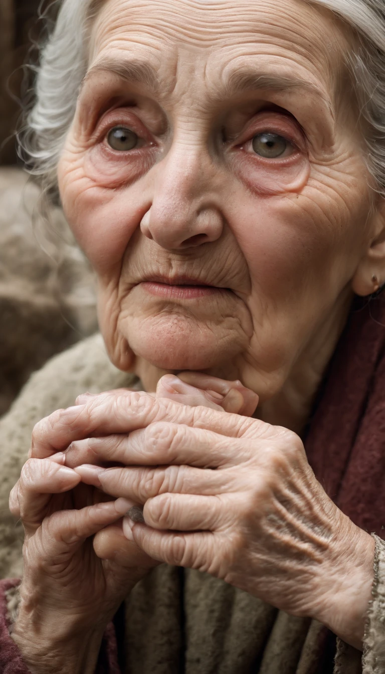 Cursed Old Woman, na casa dos 90 anos, fundo de uma cozinha escura, olhos todos pretos, Roupas escuras, Rasgado, candle in hand, virado para a frente, detalhado no rosto, Realistic image, cabelos grisalhos e longos