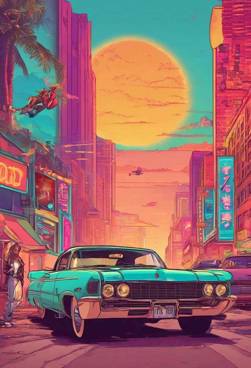 The background is a Broadway neon stage，Monroe girl kisses American soldier，Dreamy，Vintage cars